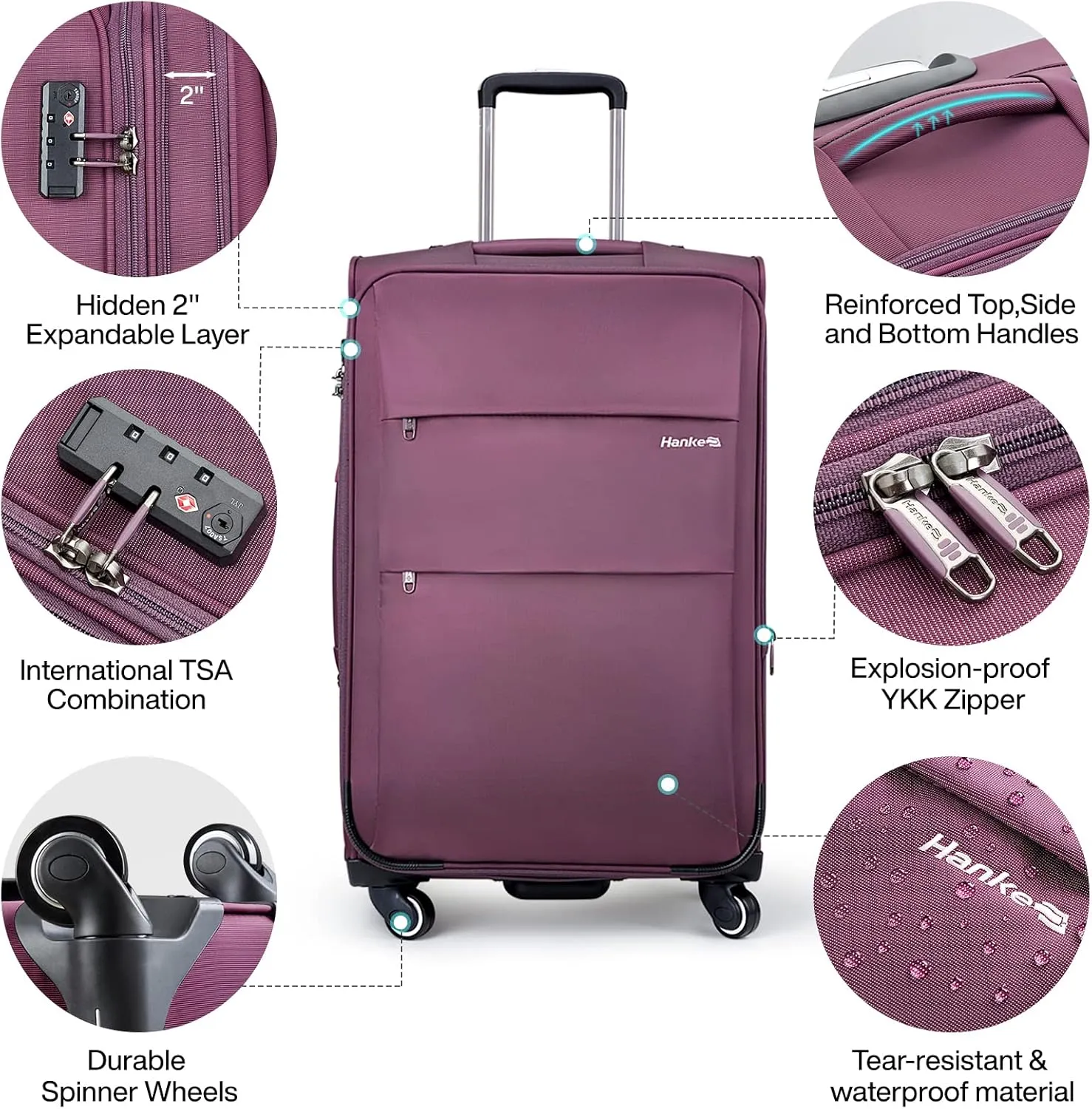 Hanke 20 Inch Expandable Carry On Luggage 22x14x9 Airline Approved Softside Suitcases with Wheels Lightweight Travel Luggage Rolling Suitcase with Lock for Men and Women.(Purple)