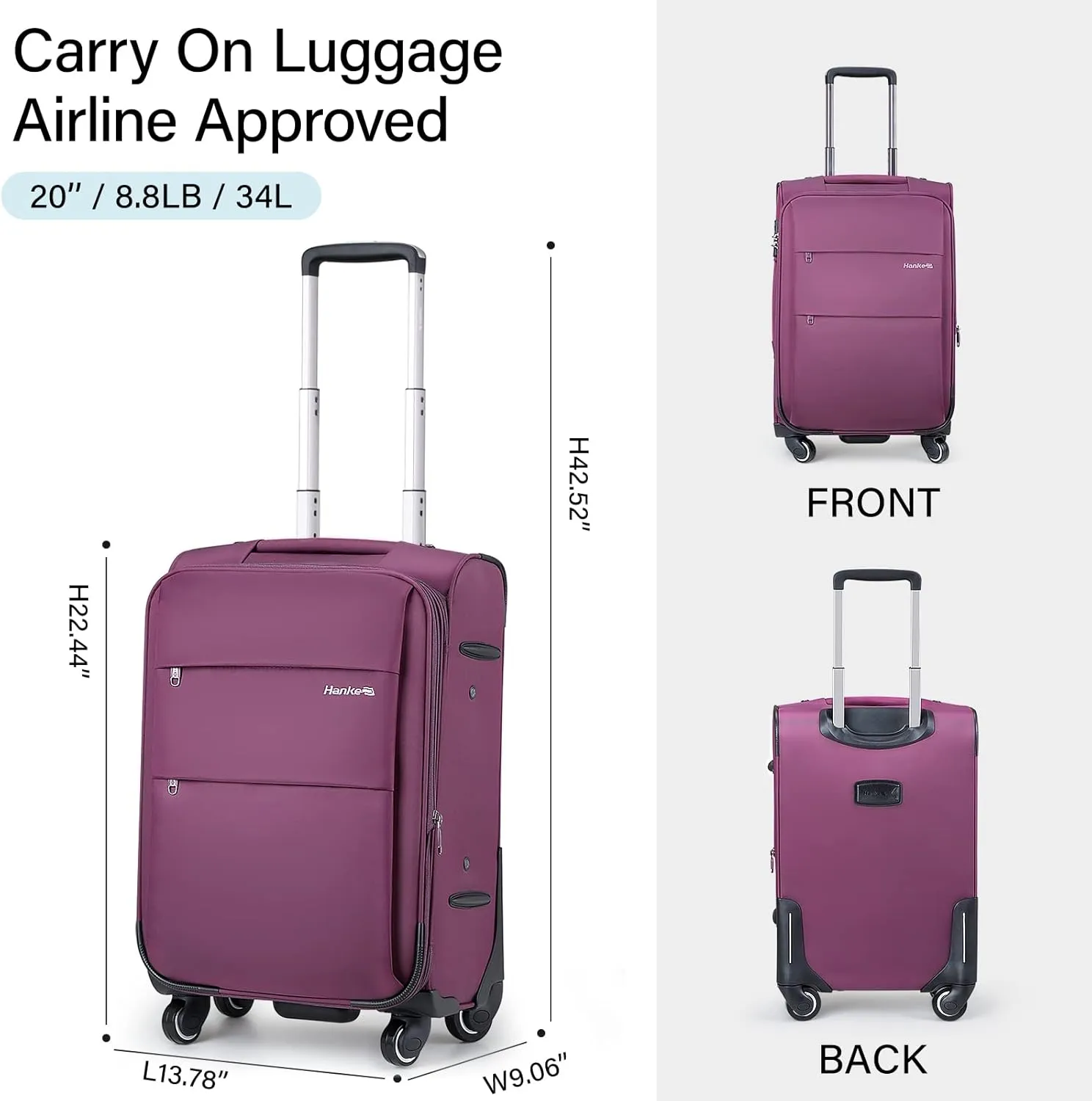 Hanke 20 Inch Expandable Carry On Luggage 22x14x9 Airline Approved Softside Suitcases with Wheels Lightweight Travel Luggage Rolling Suitcase with Lock for Men and Women.(Purple)