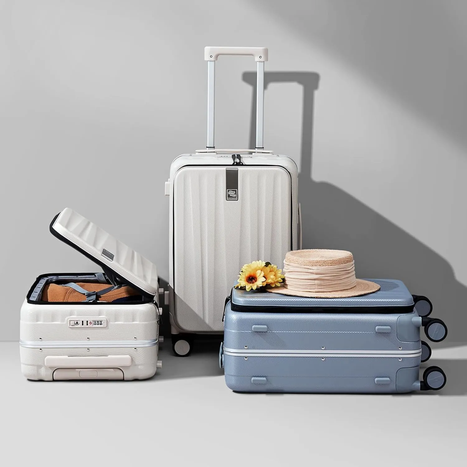 Hanke 24 Inch Checked Luggage PC Hard Case Luggage Top Opening Aluminum Frame Travel Luggage Suitcases with Wheels for Woman Men.(Ivory white)