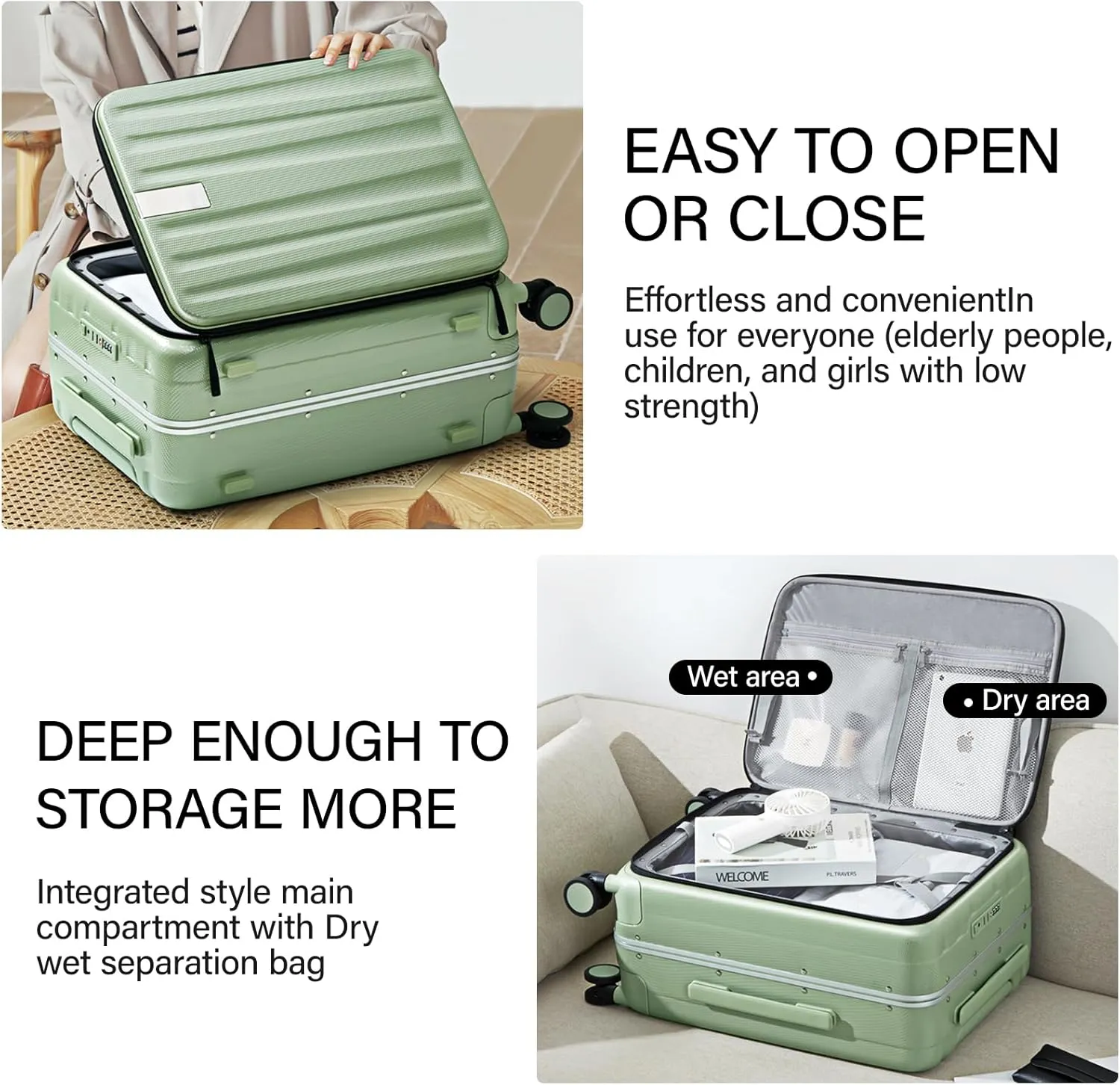 Hanke 24 Inch Checked Luggage PC Hard Shell luggage Top Opening Aluminum Frame Travel Luggage Suitcases with Wheels for Woman Men.(Bamboo Green)