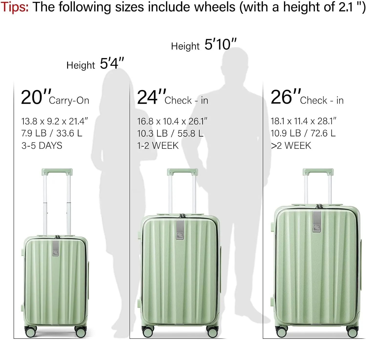 Hanke 24 Inch Checked Luggage PC Hard Shell luggage Top Opening Aluminum Frame Travel Luggage Suitcases with Wheels for Woman Men.(Bamboo Green)