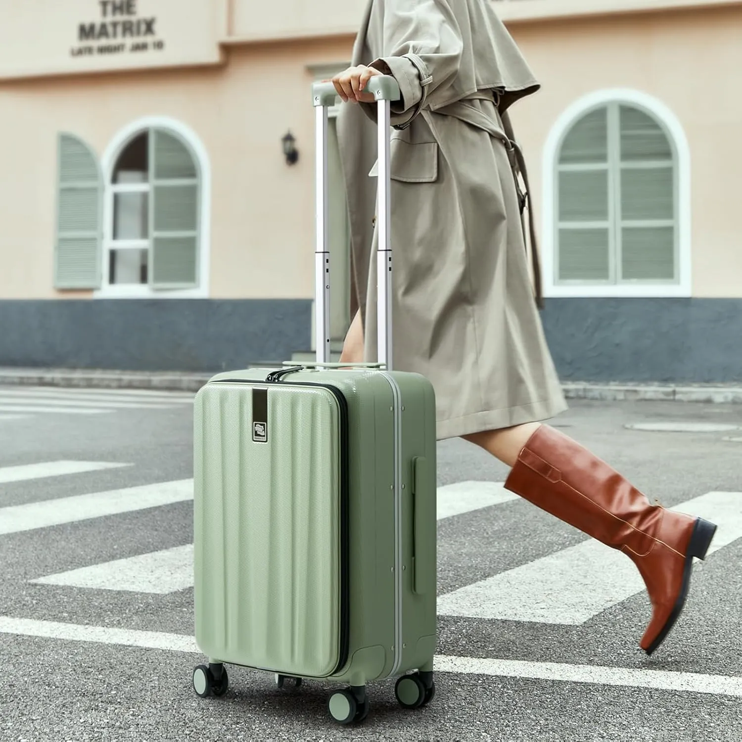 Hanke 24 Inch Checked Luggage PC Hard Shell luggage Top Opening Aluminum Frame Travel Luggage Suitcases with Wheels for Woman Men.(Bamboo Green)