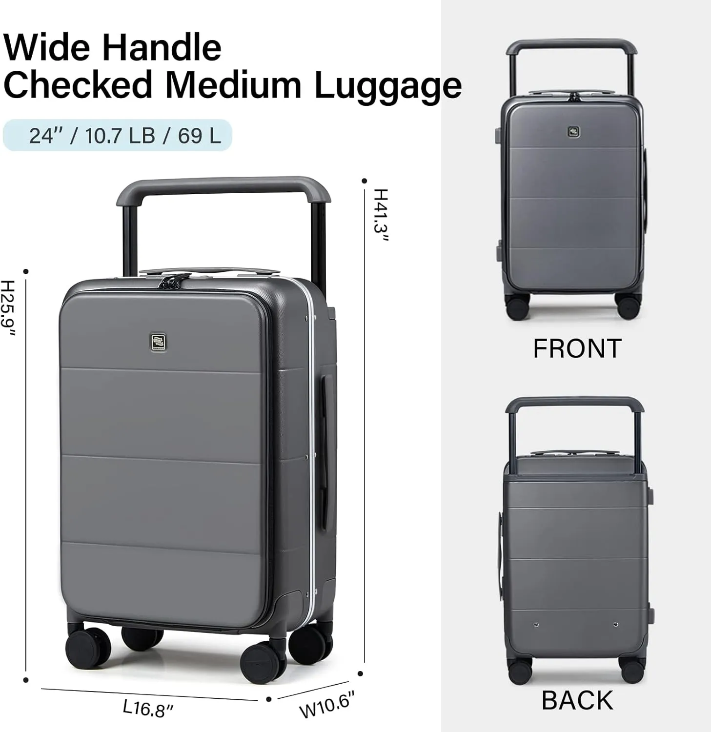 Hanke Luggage Hard Shell Suitcases 24 Inch Checked-Medium Luggage with Spinner Wheels TSA Approved Travel Luggage Wide Handle for Men Women(Graphite Grey)