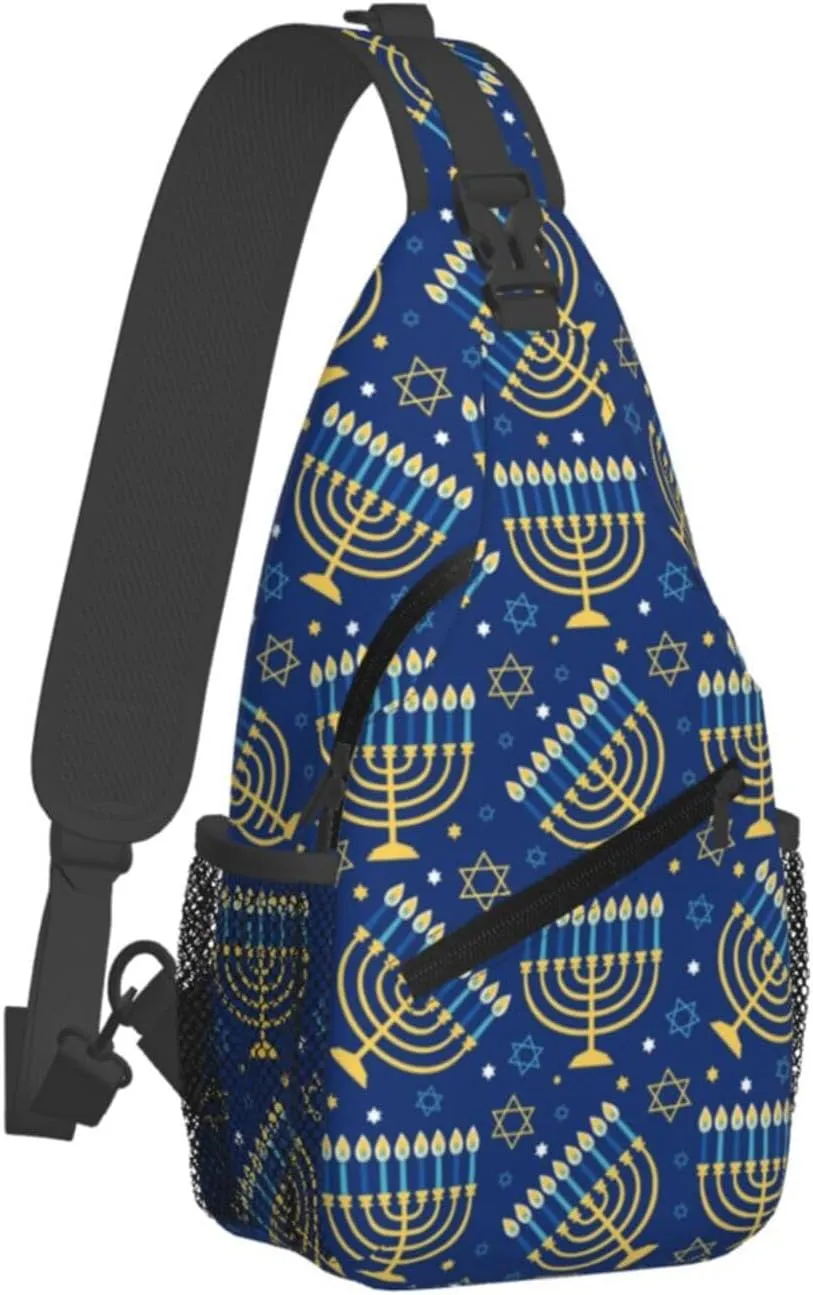 Hanukkah Hat Blue Shiny Lamps Sling Bag,Funny Crossbody Backpack Shoulder Chest Bag for Women Men