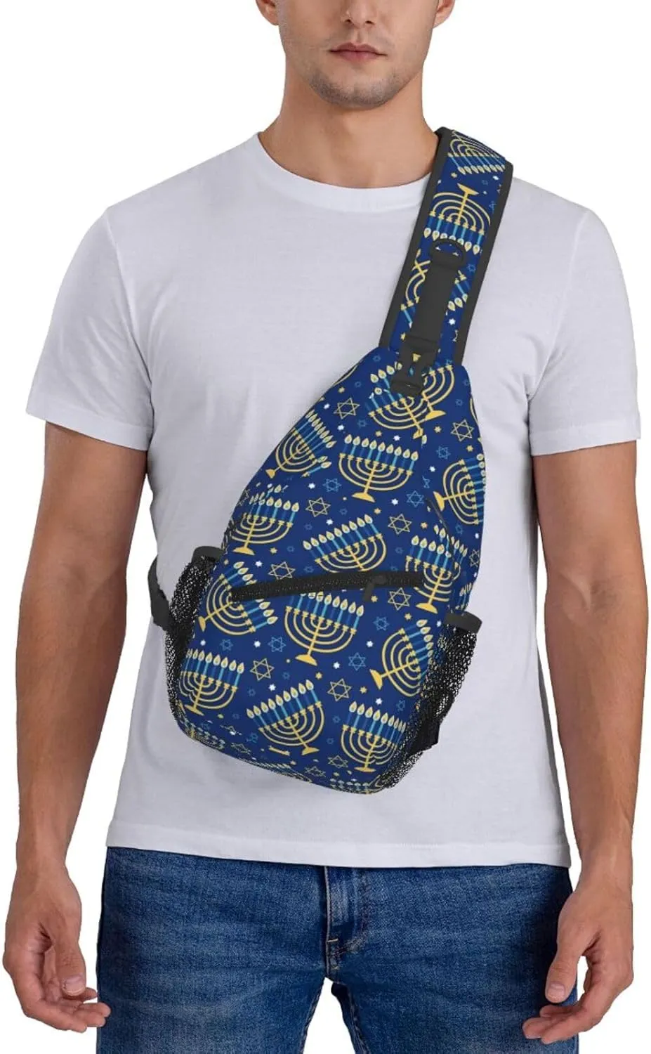 Hanukkah Hat Blue Shiny Lamps Sling Bag,Funny Crossbody Backpack Shoulder Chest Bag for Women Men