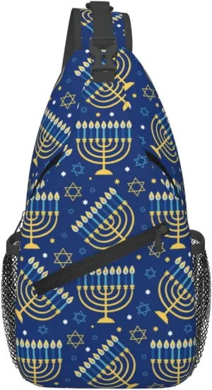 Hanukkah Hat Blue Shiny Lamps Sling Bag,Funny Crossbody Backpack Shoulder Chest Bag for Women Men