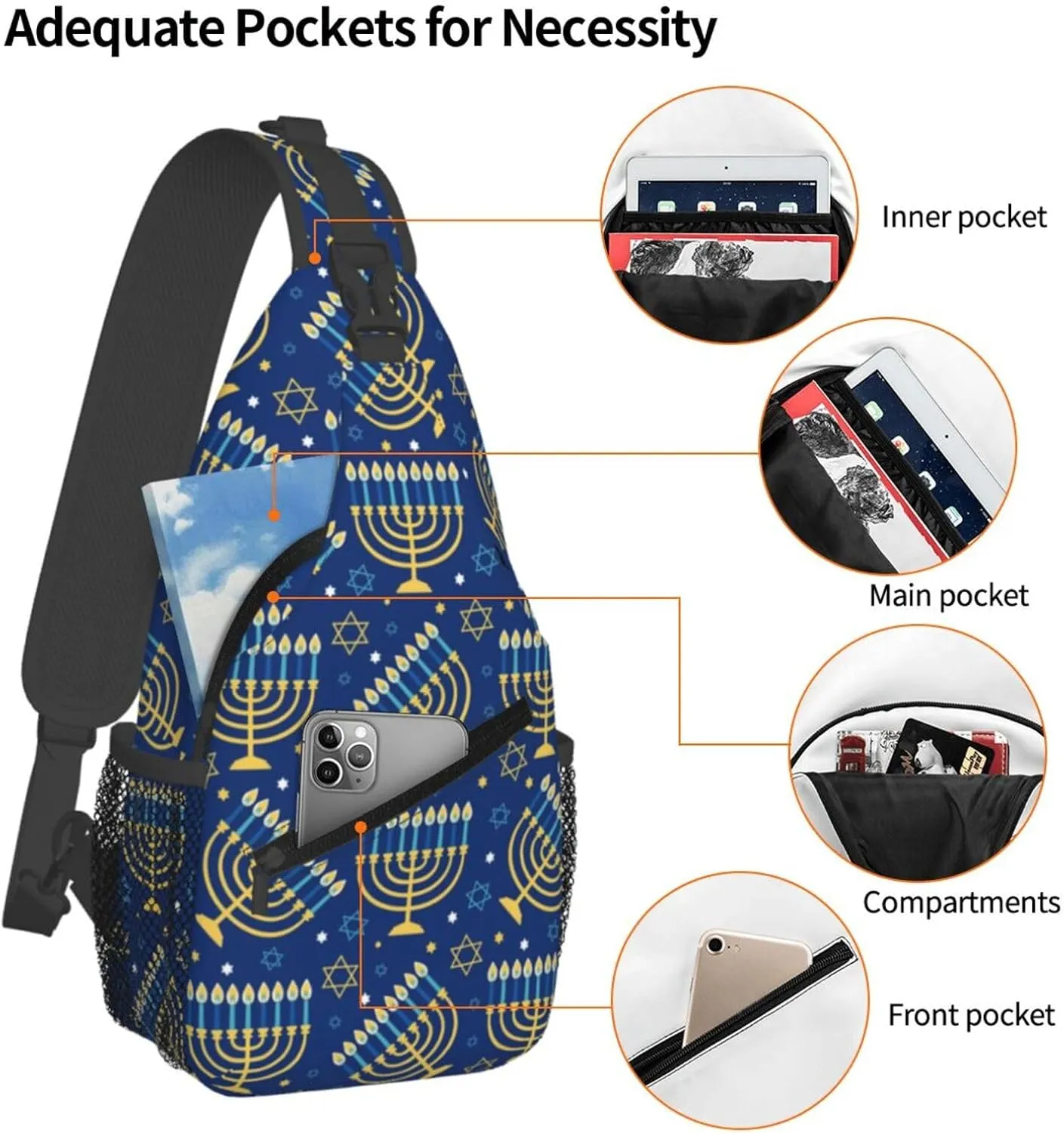 Hanukkah Hat Blue Shiny Lamps Sling Bag,Funny Crossbody Backpack Shoulder Chest Bag for Women Men