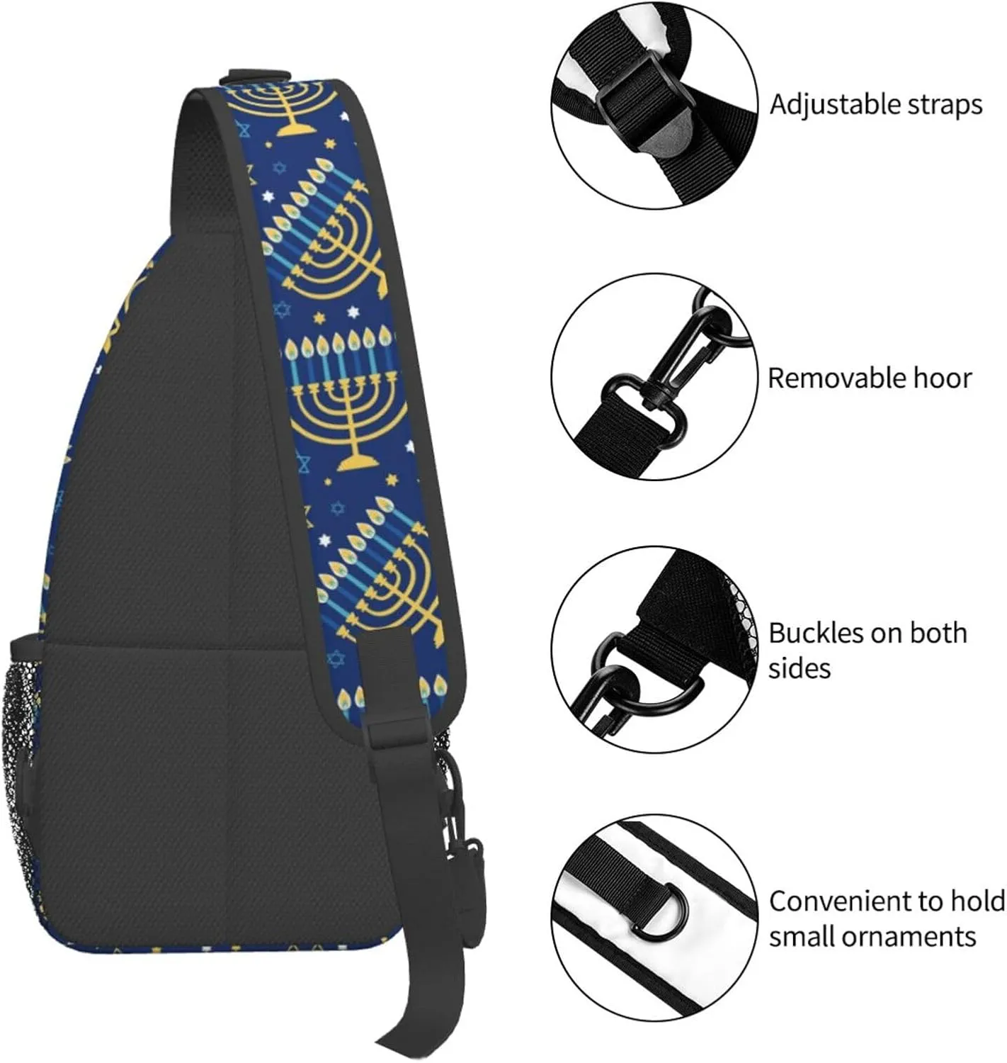 Hanukkah Hat Blue Shiny Lamps Sling Bag,Funny Crossbody Backpack Shoulder Chest Bag for Women Men