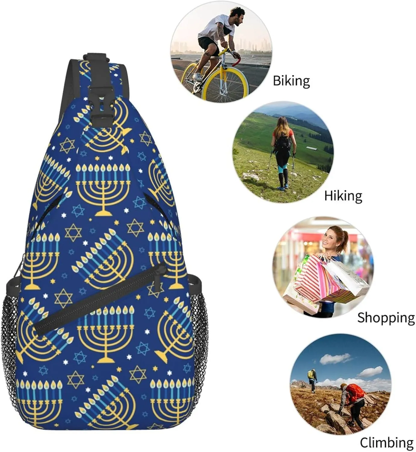 Hanukkah Hat Blue Shiny Lamps Sling Bag,Funny Crossbody Backpack Shoulder Chest Bag for Women Men