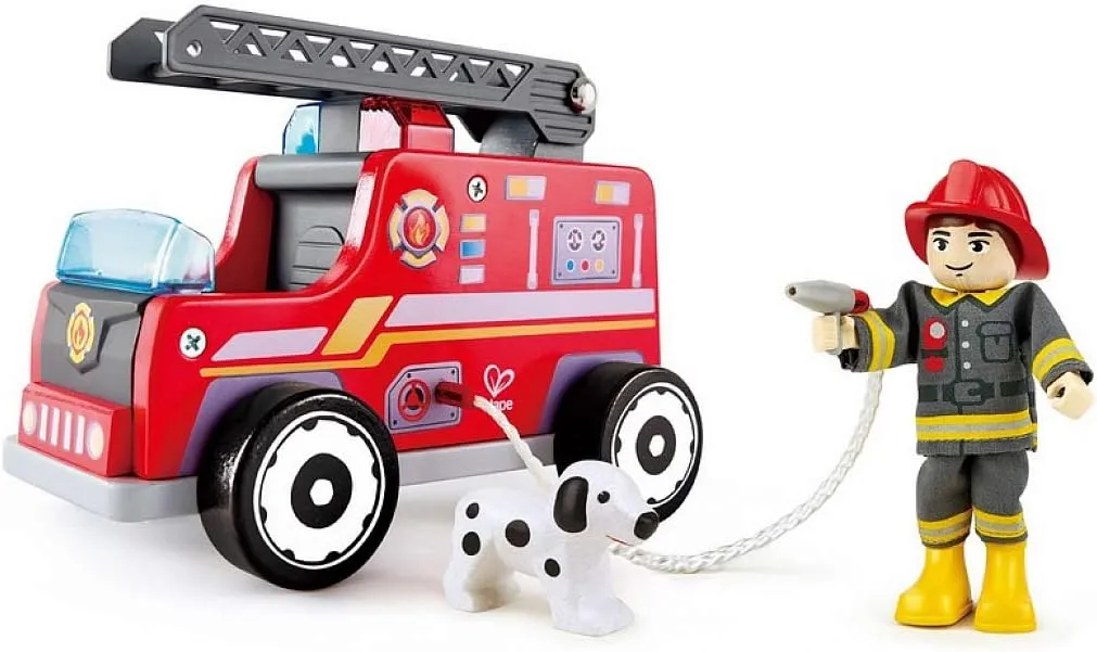 Hape Fire Truck Playset| Wooden Fire Engine Toy with Action Figure & Rescue Dog