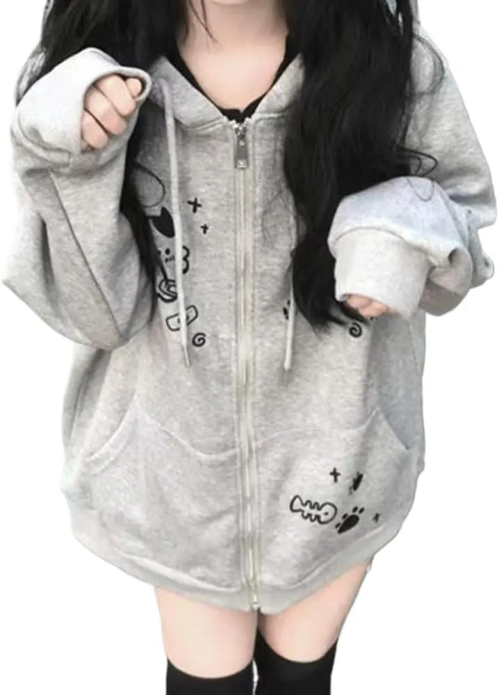 Harajuku Hoodie Womens Lightweight Black Gothic Y2k Graphic Hoodie Thin Trendy Cute Preppy Zip Up Hoodies for Women