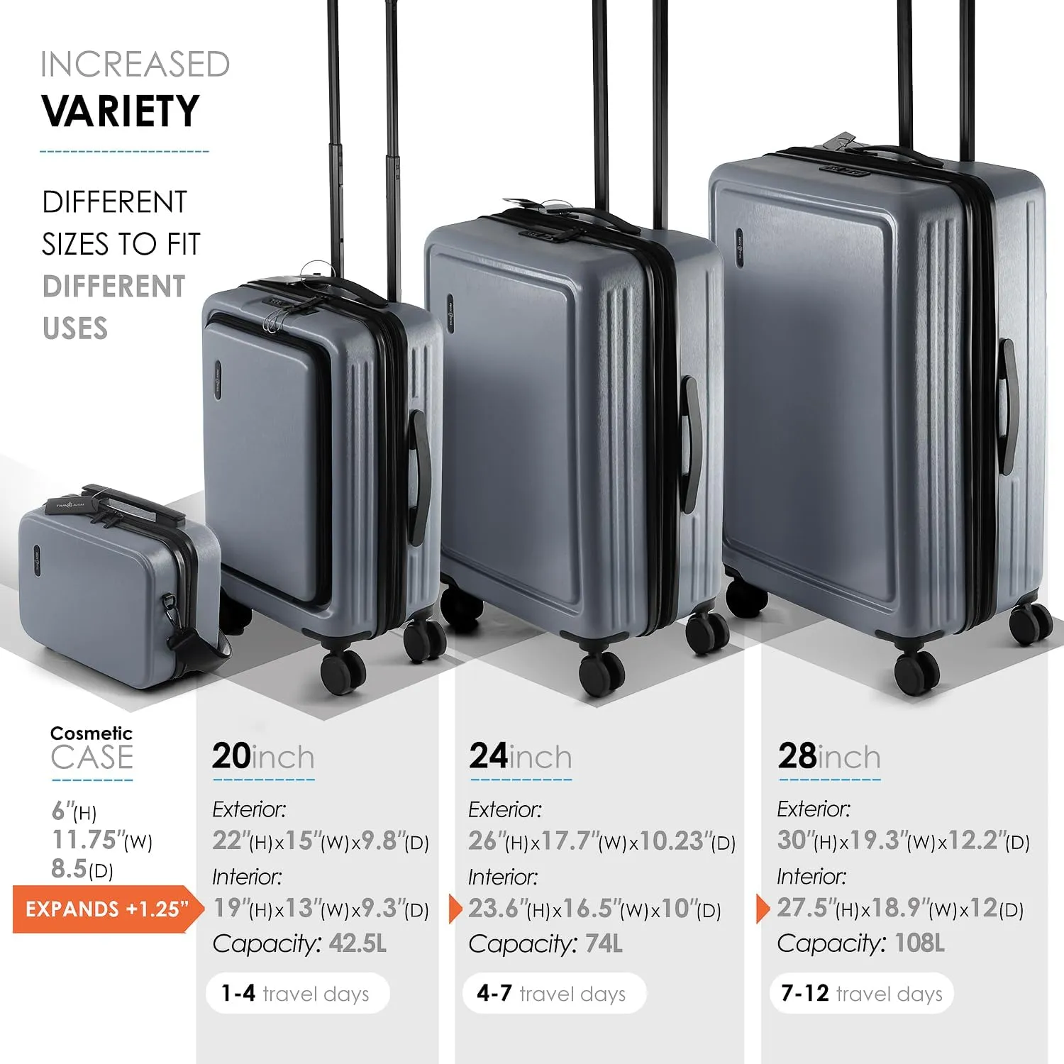 Hard Shell Luggage Sets with Spinner Wheels 4 Piece, Expandable Large Suitcases with TSA Lock, Travel Large Suitcase Set, Grey Luggage Set