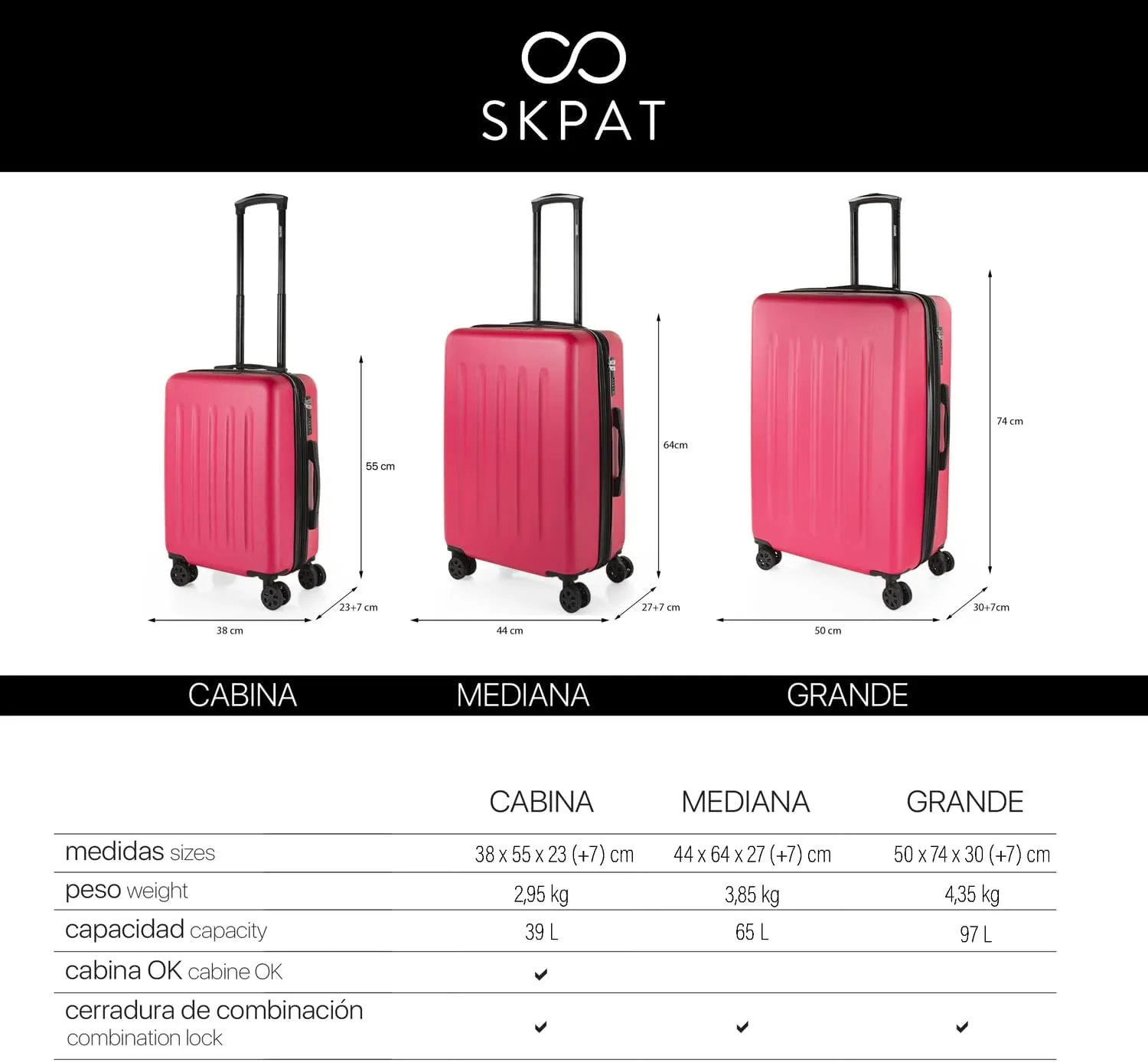 Hard Shell Suitcase Set of 2-4 Double Wheel ABS Luggage Sets 3 Piece with TSA Combination Lock - Resistant and Lightweight Hard Suitcase Set in Small Cabin Size, Medium and Large, Fuchsia, M  