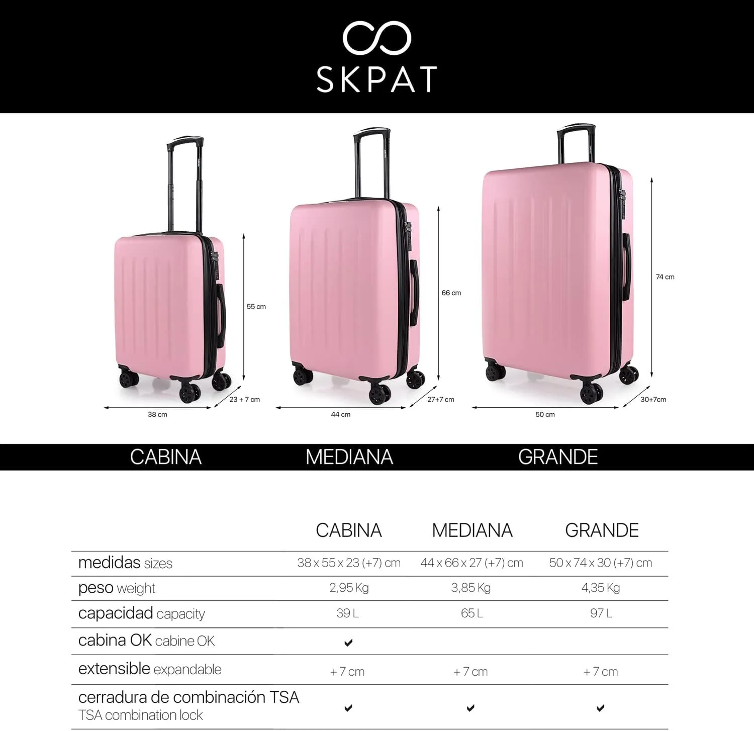 Hard Shell Suitcase Set of 2-4 Double Wheel ABS Luggage Sets 3 Piece with TSA Combination Lock - Resistant and Lightweight Hard Suitcase Set in Small Cabin Size, Medium and Large, Pink, S   M,