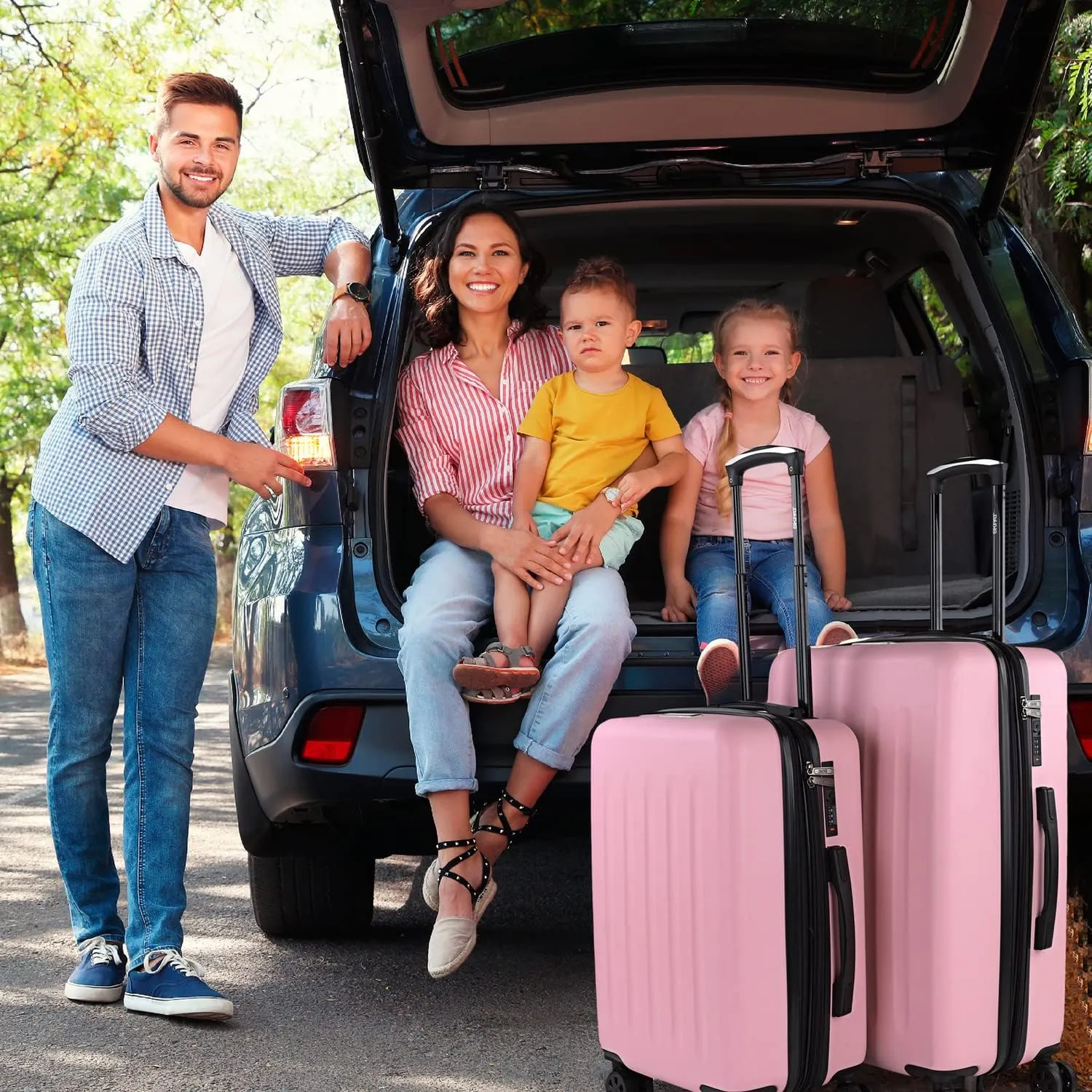 Hard Shell Suitcase Set of 2-4 Double Wheel ABS Luggage Sets 3 Piece with TSA Combination Lock - Resistant and Lightweight Hard Suitcase Set in Small Cabin Size, Medium and Large, Pink, S   M,