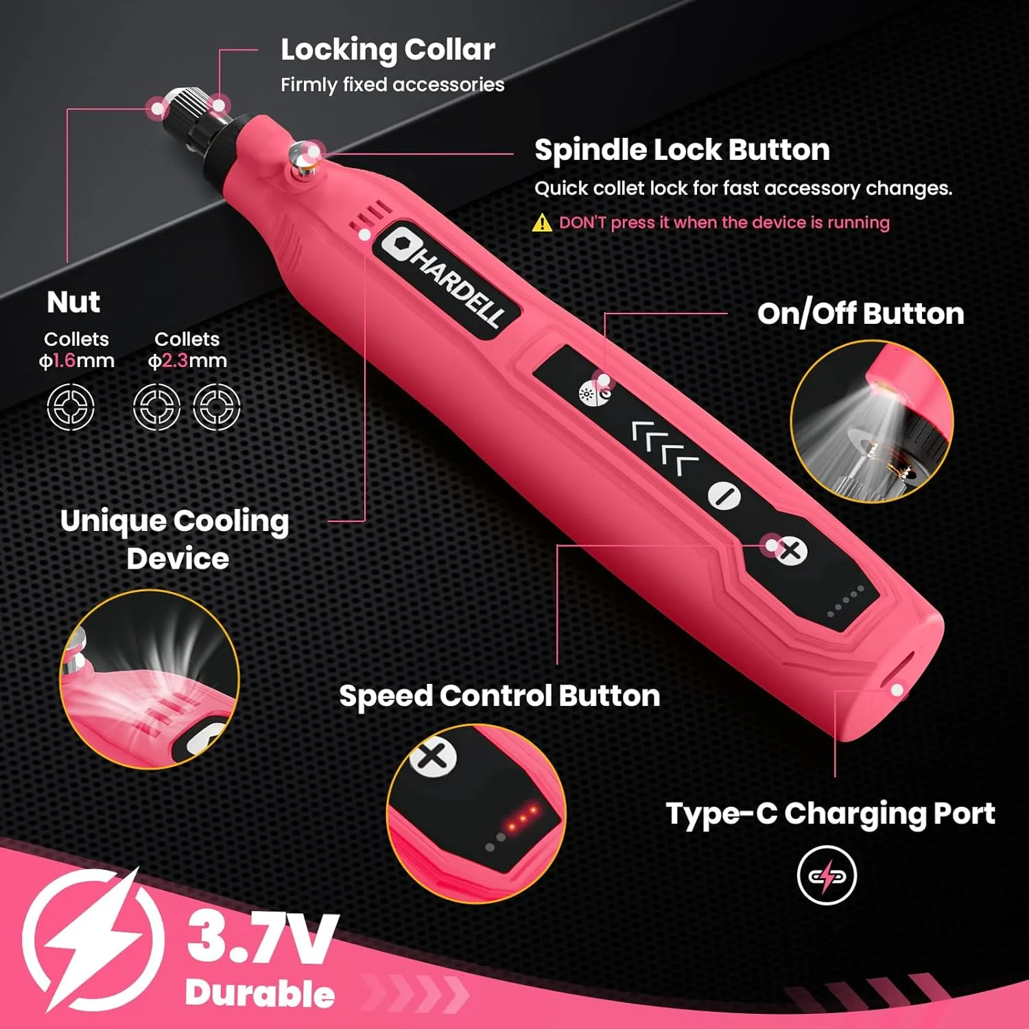 HARDELL Mini Cordless Rotary Tool, 5-Speed 3.7V rechargeable Kit with 69 Accessories, USB Charging Multi-Purpose Power Tool for Sanding, Polishing, Drilling, Etching, Engraving, DIY Crafts