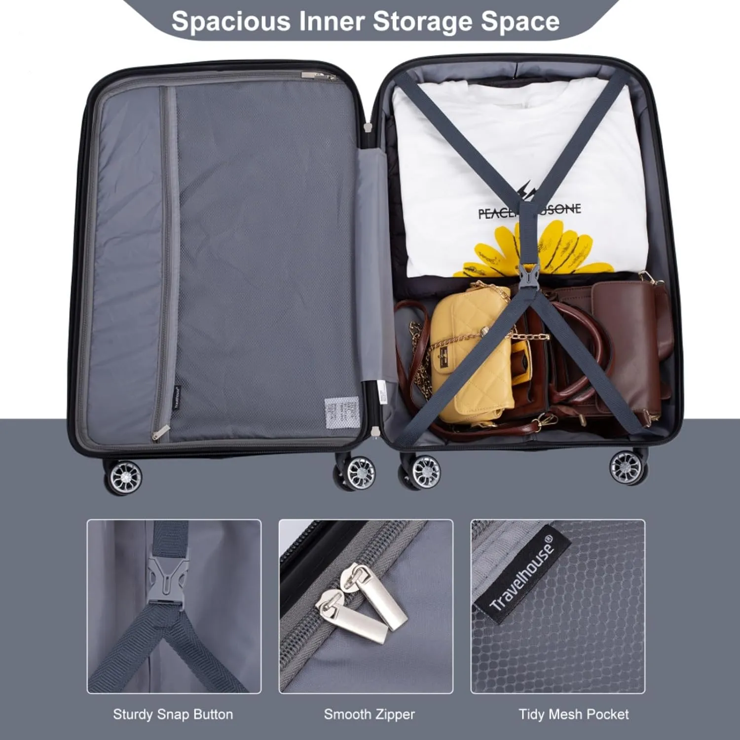 Hardshell Suitcase Double Spinner Wheels PP Luggage Sets Lightweight Durable Suitcase with Lock,3-Piece Set (20/24/28) (Gray   Polypropylene)