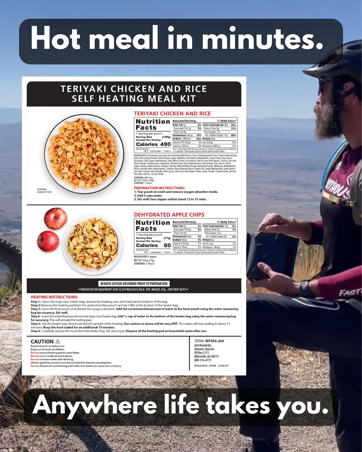 Heaven's Harvest Self-Heating Emergency Meal Kit (10 Year Shelf Life) — Tastier than MRE Meals & Ready-To-Eat in Minutes! Just add water to activate the “cooking” process. (Teriyaki Chicken) (Single)