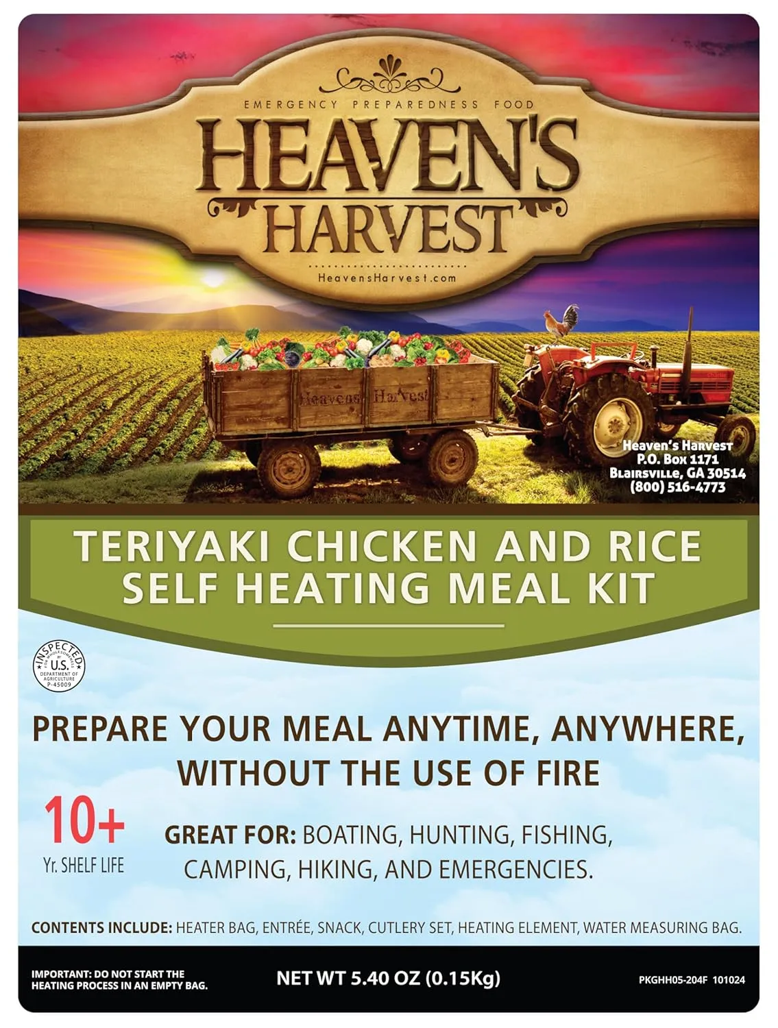 Heaven's Harvest Self-Heating Emergency Meal Kit (10 Year Shelf Life) — Tastier than MRE Meals & Ready-To-Eat in Minutes! Just add water to activate the “cooking” process. (Teriyaki Chicken) (Single)