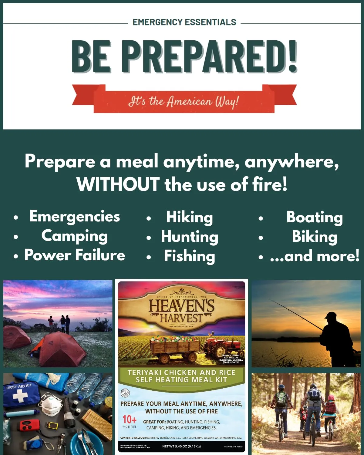 Heaven's Harvest Self-Heating Emergency Meal Kit (10 Year Shelf Life) — Tastier than MRE Meals & Ready-To-Eat in Minutes! Just add water to activate the “cooking” process. (Teriyaki Chicken) (Single)