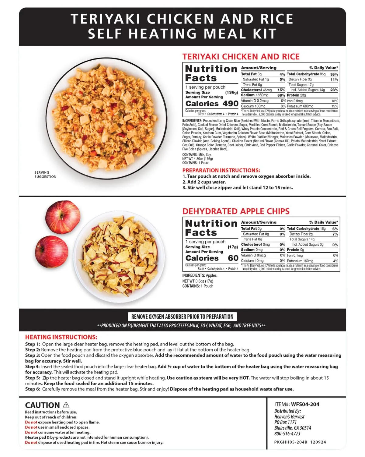 Heaven's Harvest Self-Heating Emergency Meal Kit (10 Year Shelf Life) — Tastier than MRE Meals & Ready-To-Eat in Minutes! Just add water to activate the “cooking” process. (Teriyaki Chicken) (Single)