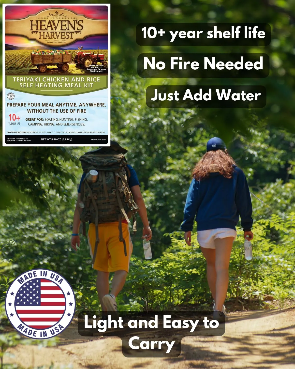 Heaven's Harvest Self-Heating Emergency Meal Kit (10 Year Shelf Life) — Tastier than MRE Meals & Ready-To-Eat in Minutes! Just add water to activate the “cooking” process. (Teriyaki Chicken) (Single)