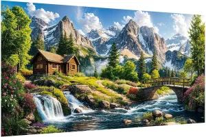 HeeBenor Large Diamond Painting Kits, 5D Mountain Landscape Diamond Art Kits for Adults, DIY Full Drill Waterfall Diamond Art Painting, House Landscape Gem Art Kit for Wall Decor 27.5X15.7 Inch
