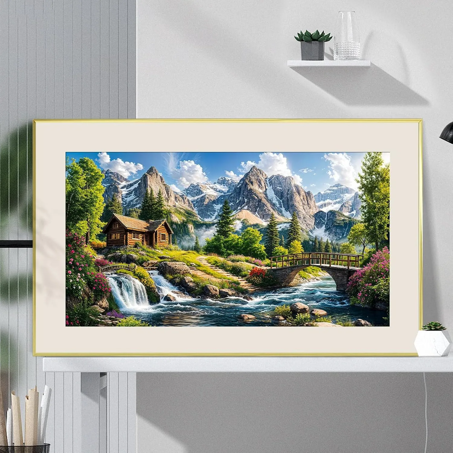 HeeBenor Large Diamond Painting Kits, 5D Mountain Landscape Diamond Art Kits for Adults, DIY Full Drill Waterfall Diamond Art Painting, House Landscape Gem Art Kit for Wall Decor 27.5X15.7 Inch