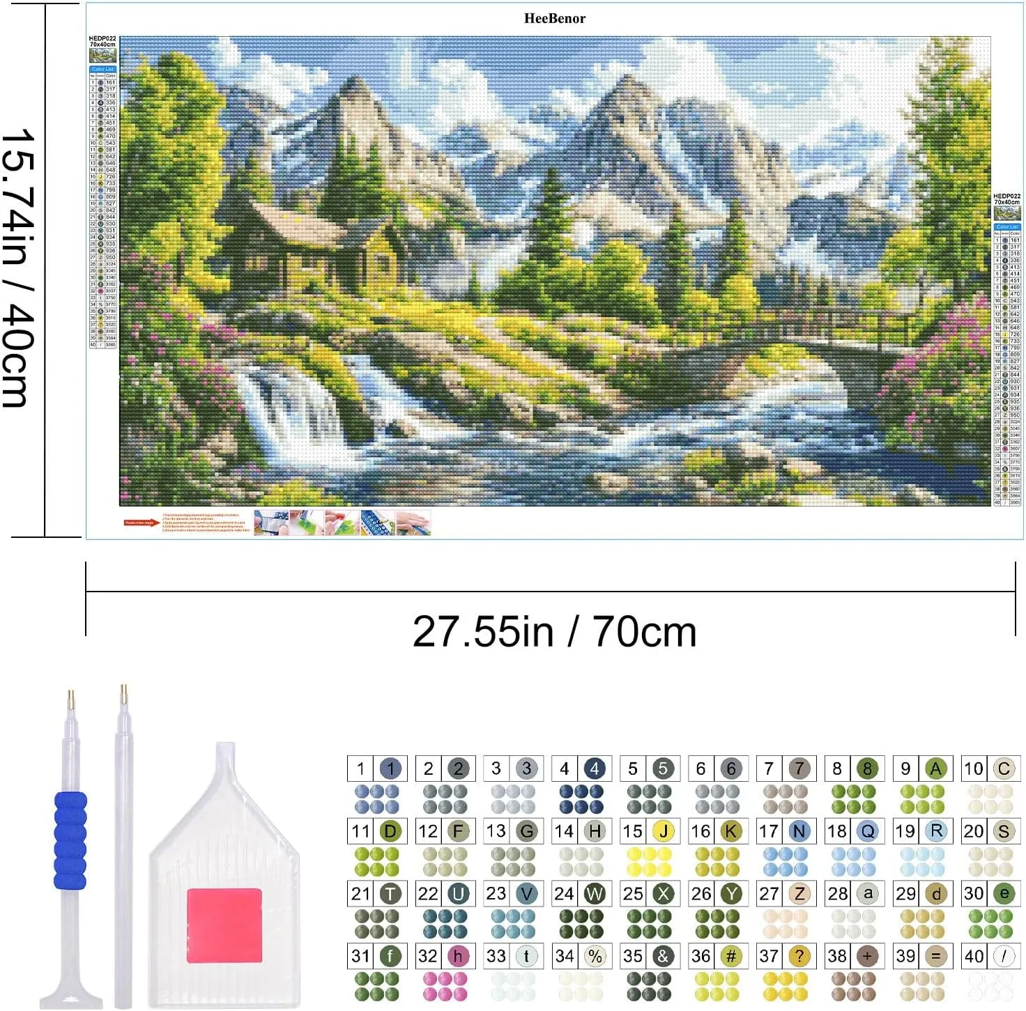 HeeBenor Large Diamond Painting Kits, 5D Mountain Landscape Diamond Art Kits for Adults, DIY Full Drill Waterfall Diamond Art Painting, House Landscape Gem Art Kit for Wall Decor 27.5X15.7 Inch