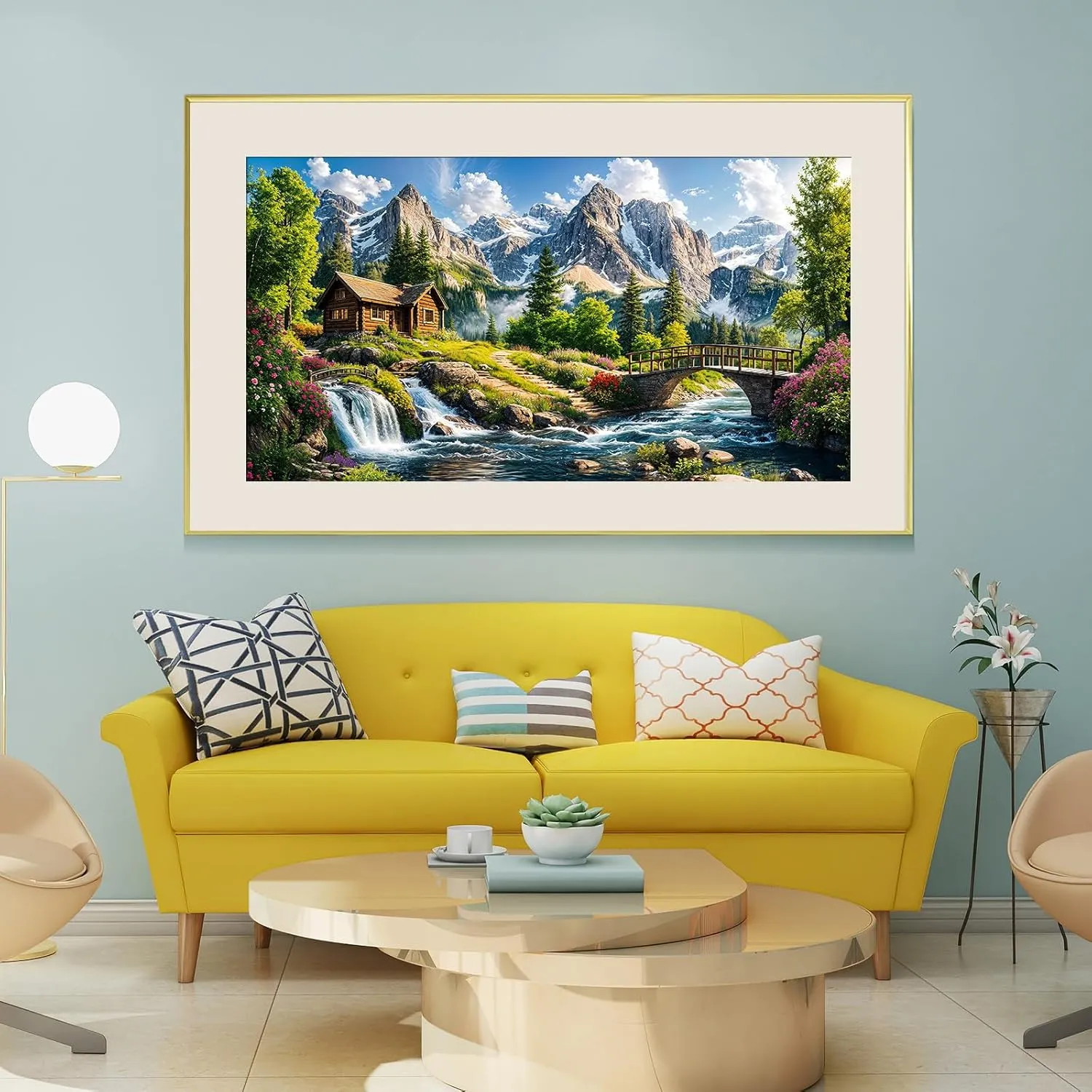 HeeBenor Large Diamond Painting Kits, 5D Mountain Landscape Diamond Art Kits for Adults, DIY Full Drill Waterfall Diamond Art Painting, House Landscape Gem Art Kit for Wall Decor 27.5X15.7 Inch