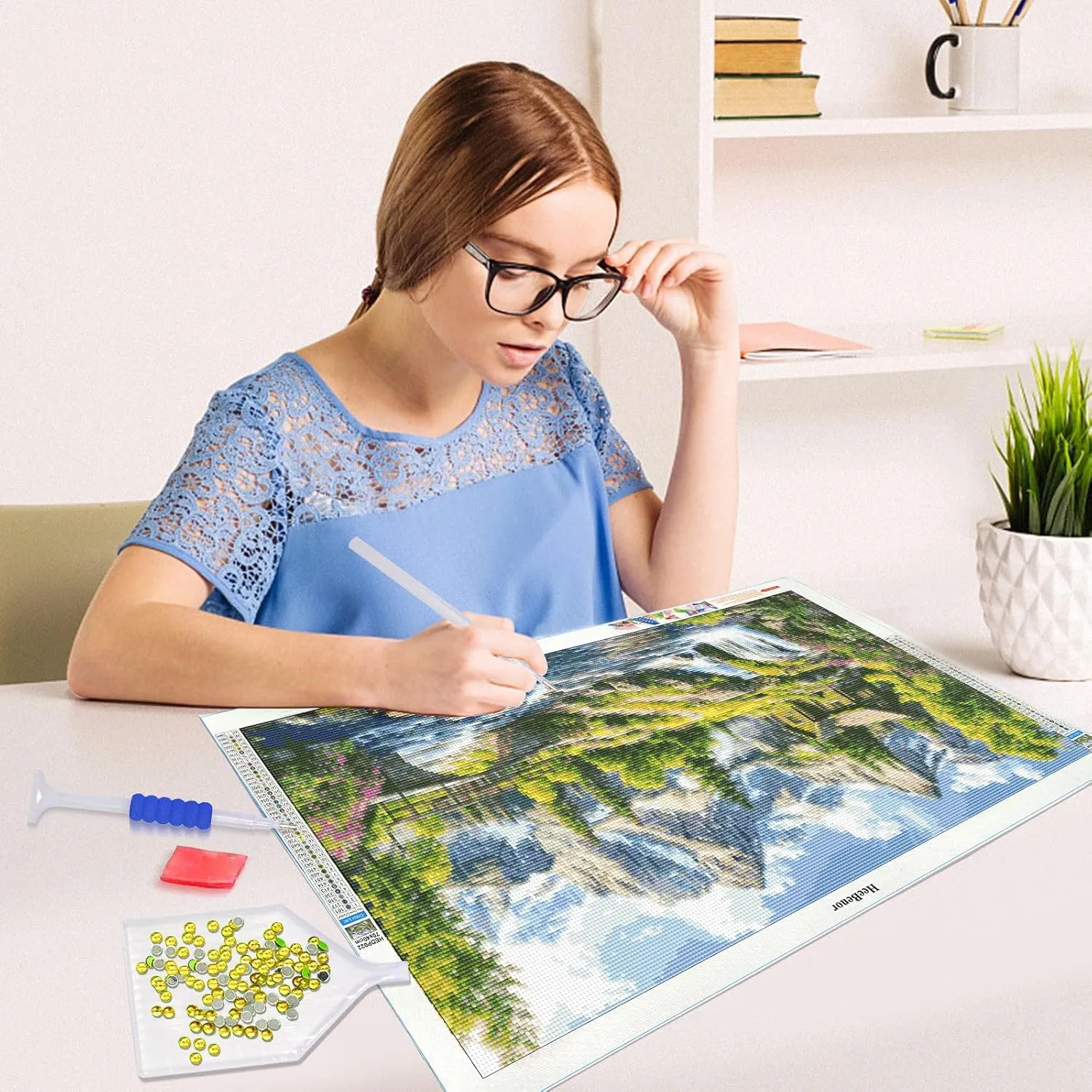 HeeBenor Large Diamond Painting Kits, 5D Mountain Landscape Diamond Art Kits for Adults, DIY Full Drill Waterfall Diamond Art Painting, House Landscape Gem Art Kit for Wall Decor 27.5X15.7 Inch
