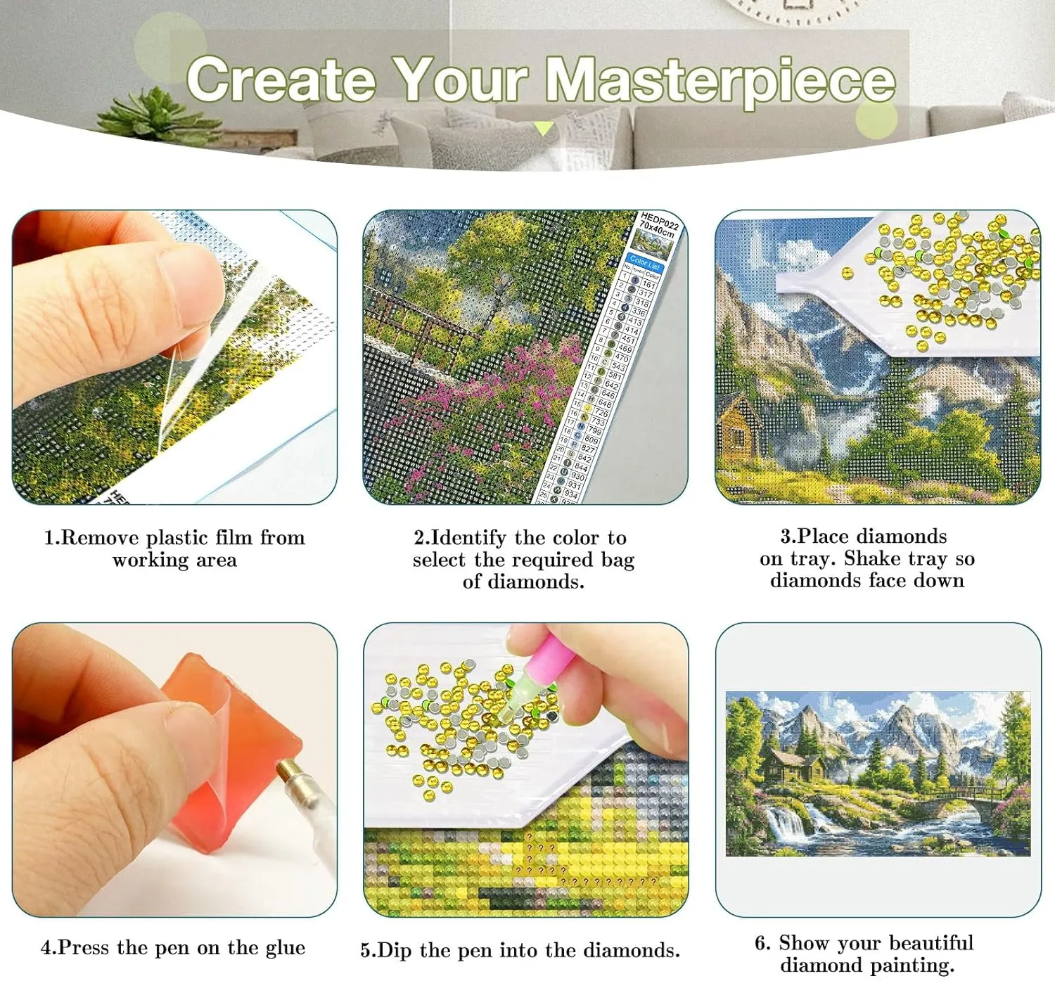 HeeBenor Large Diamond Painting Kits, 5D Mountain Landscape Diamond Art Kits for Adults, DIY Full Drill Waterfall Diamond Art Painting, House Landscape Gem Art Kit for Wall Decor 27.5X15.7 Inch