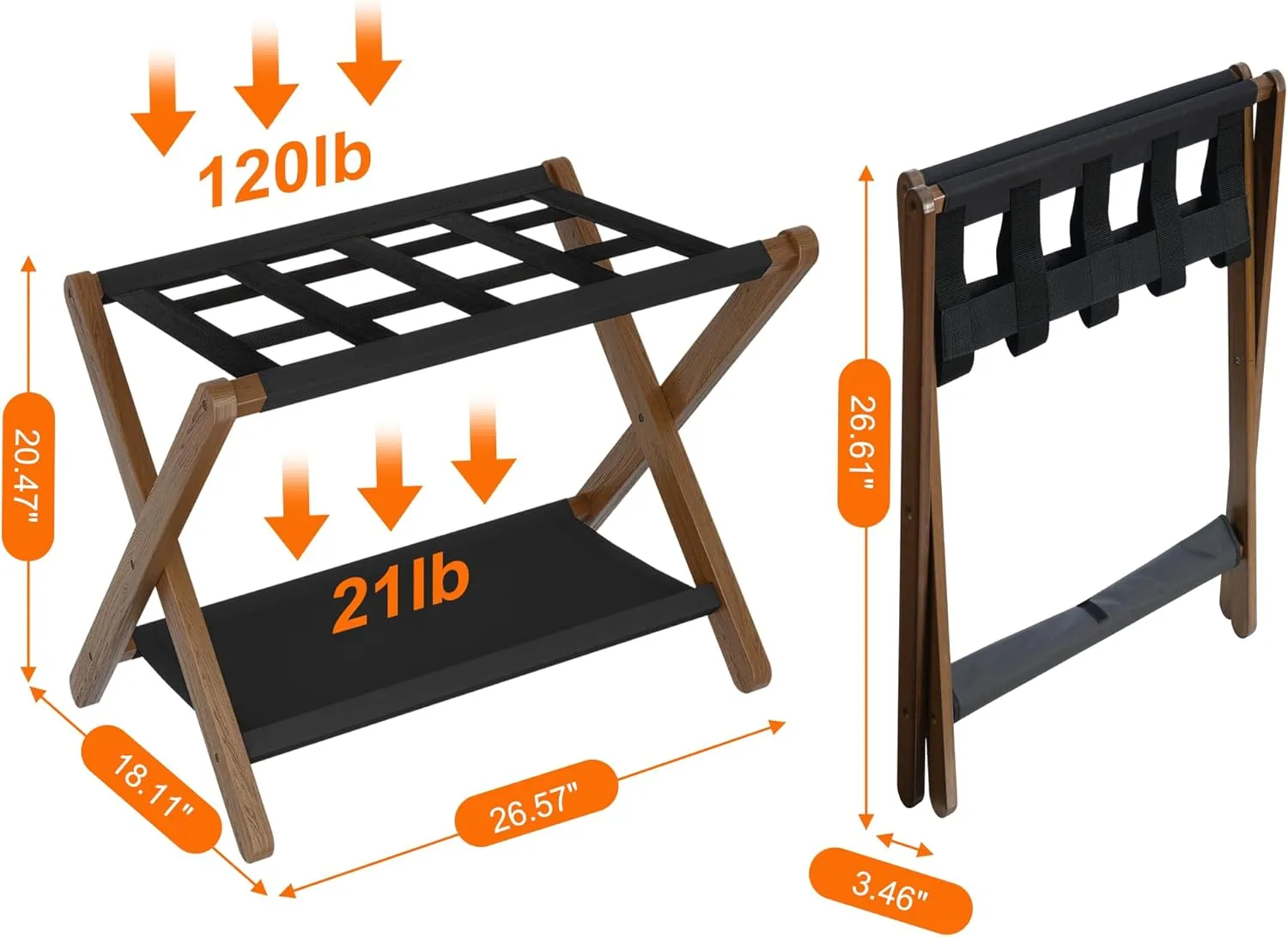 Heybly Luggage Rack, Folding Suitcase Stand with Storage Shelf, Heavy-Duty Luggage Holder for Guest Room Bedroom Hotel, Holds up to 141 lb, Walnut, HLR010WB2