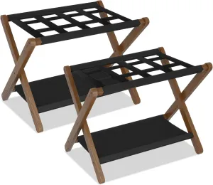 Heybly Luggage Rack, Folding Suitcase Stand with Storage Shelf, Heavy-Duty Luggage Holder for Guest Room Bedroom Hotel, Holds up to 141 lb, Walnut, HLR010WB2