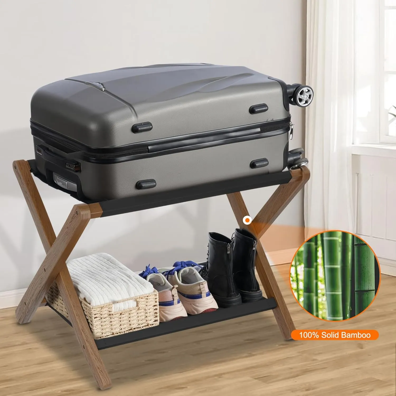 Heybly Luggage Rack, Folding Suitcase Stand with Storage Shelf, Heavy-Duty Luggage Holder for Guest Room Bedroom Hotel, Holds up to 141 lb, Walnut, HLR010WB2