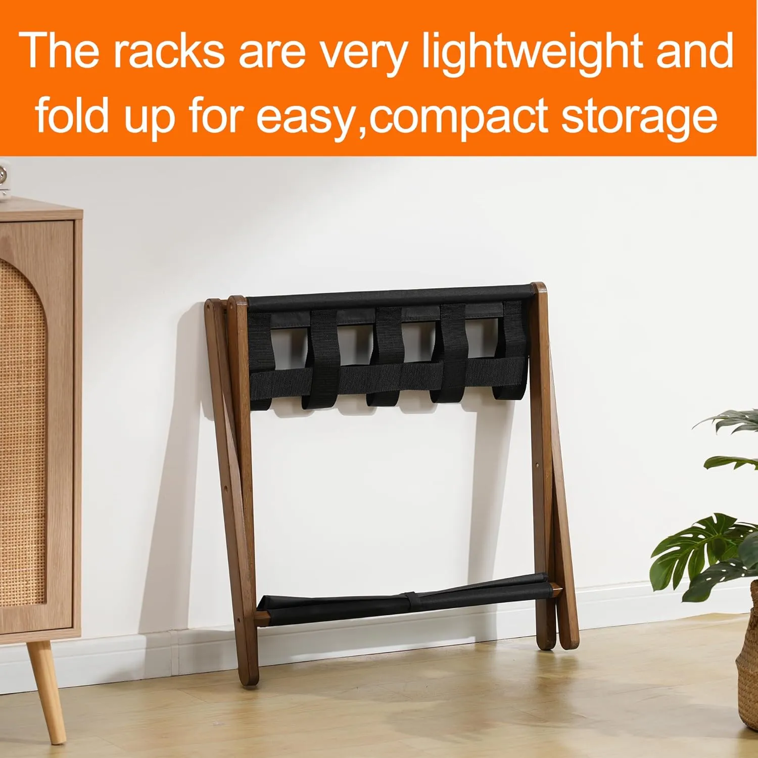 Heybly Luggage Rack, Folding Suitcase Stand with Storage Shelf, Heavy-Duty Luggage Holder for Guest Room Bedroom Hotel, Holds up to 141 lb, Walnut, HLR010WB2