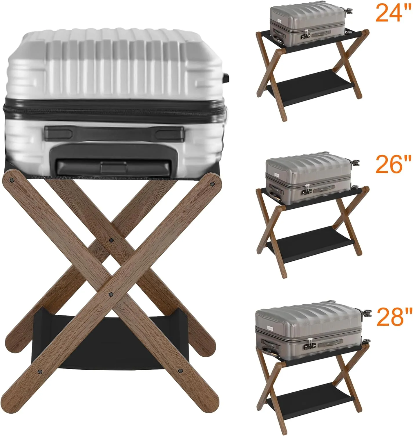 Heybly Luggage Rack, Folding Suitcase Stand with Storage Shelf, Heavy-Duty Luggage Holder for Guest Room Bedroom Hotel, Holds up to 141 lb, Walnut, HLR010WB2