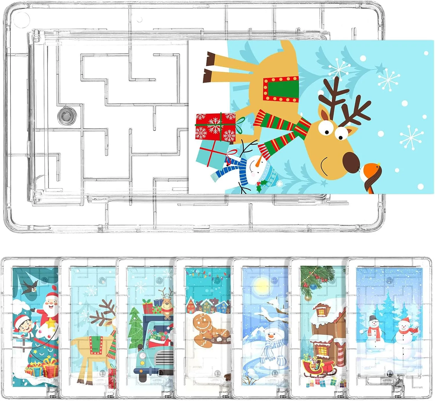 Hiboom 8 Set Christmas Maze Puzzle Gift Card Box Plastic Puzzle Card Holder Fun Maze Card Box Intellectual Pinball Machine Game for Kids Teens Adults Stocking Stuffers (Clear,Snowy)