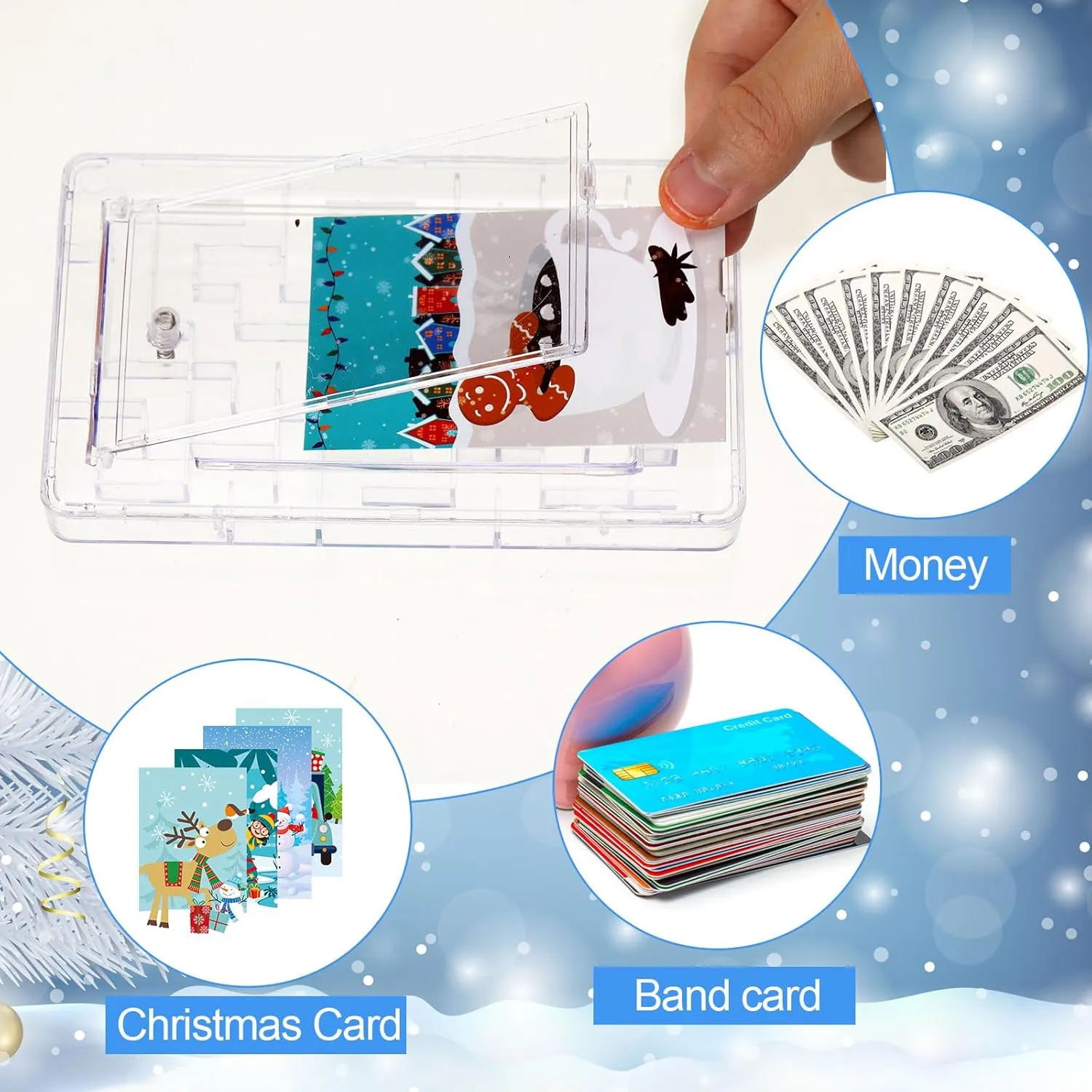 Hiboom 8 Set Christmas Maze Puzzle Gift Card Box Plastic Puzzle Card Holder Fun Maze Card Box Intellectual Pinball Machine Game for Kids Teens Adults Stocking Stuffers (Clear,Snowy)