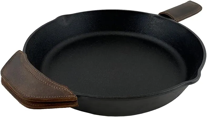 Hide & Drink, Rustic Leather Hot Handle Holders (Set of 2) Panhandle, Side Kick, Assist Grip for Cast Iron Skillets & Pans, Double Layered, Handmade (Bourbon Brown)