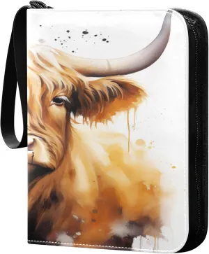 Highland Cow Portrait Card Binder 4 Pocket Collectible Trading Card Albums with 50 Sleeves Double Side PU Waterproof 3 Ring for Sports & Game Cards