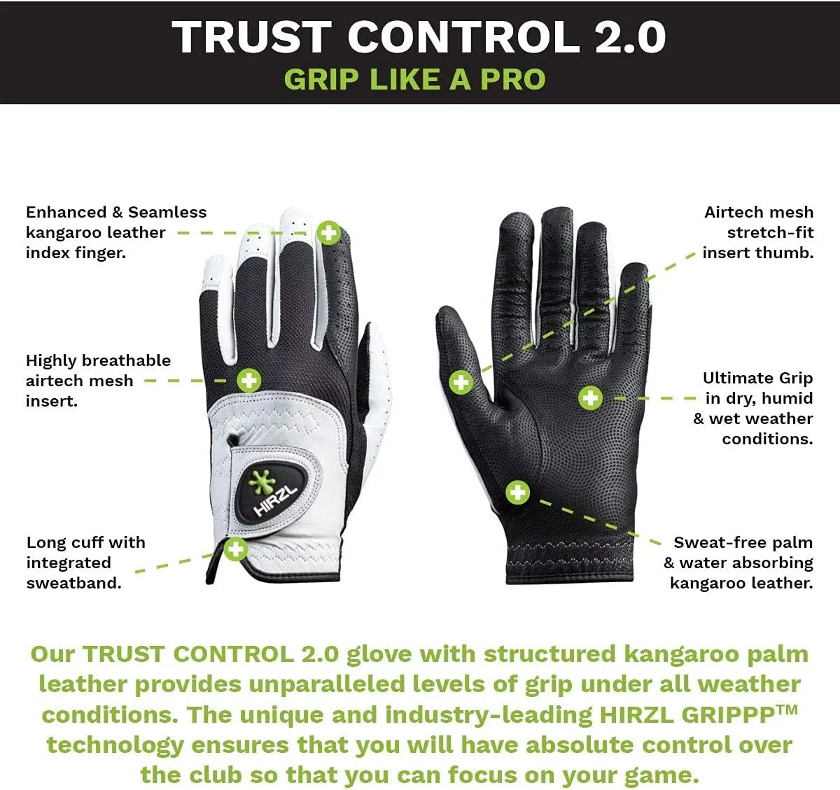 HIRZL Trust Control 2.0 Golf Gloves, All Weather Mens Golf Glove, White/Black, Kangaroo Leather Palm, Cabretta Leather Backhand, Trusted by Pro’s, Sweat Free, Ultimate Grip
