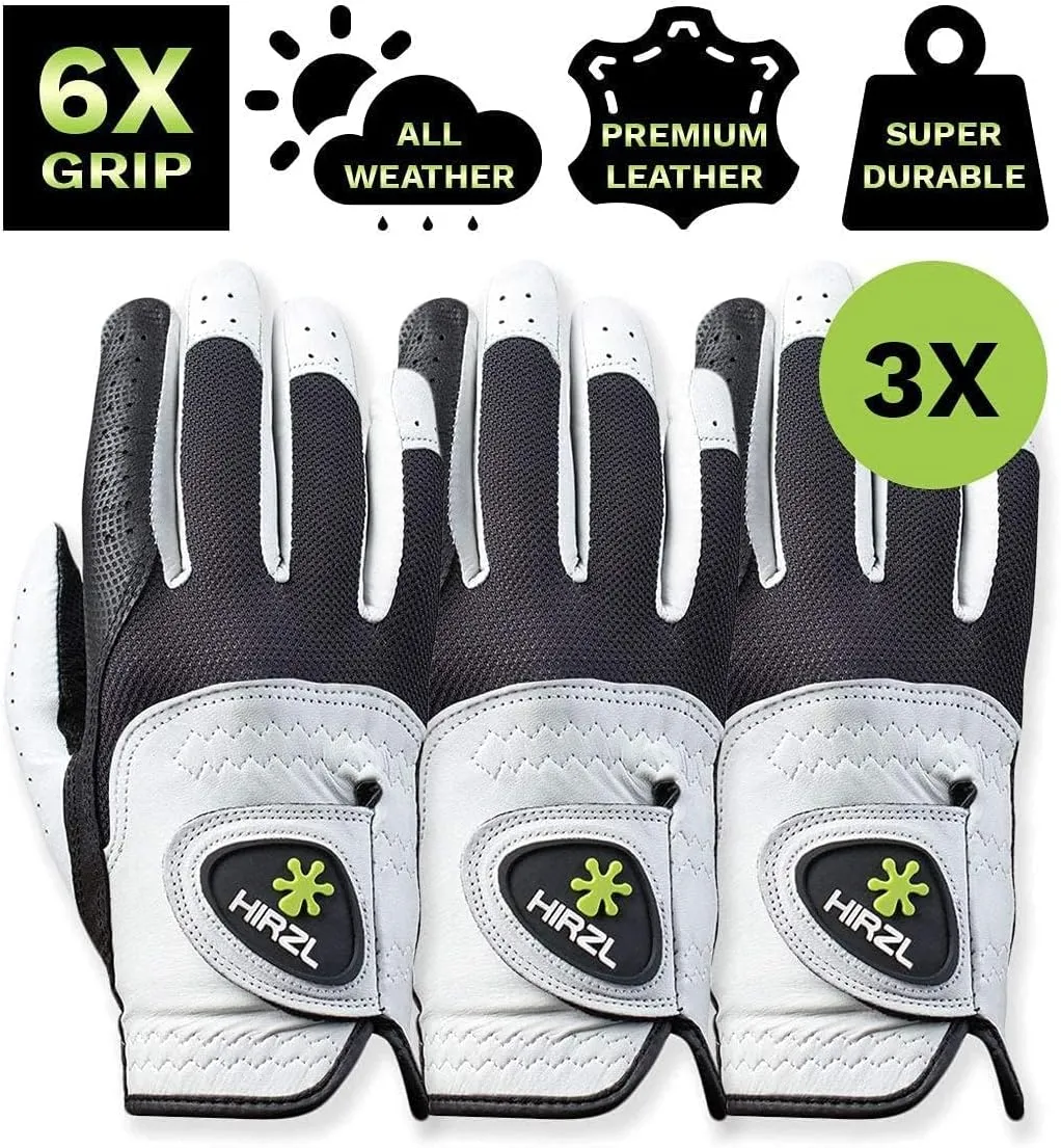 HIRZL Trust Control 2.0 Golf Gloves, All Weather Mens Golf Glove, White/Black, Kangaroo Leather Palm, Cabretta Leather Backhand, Trusted by Pro’s, Sweat Free, Ultimate Grip