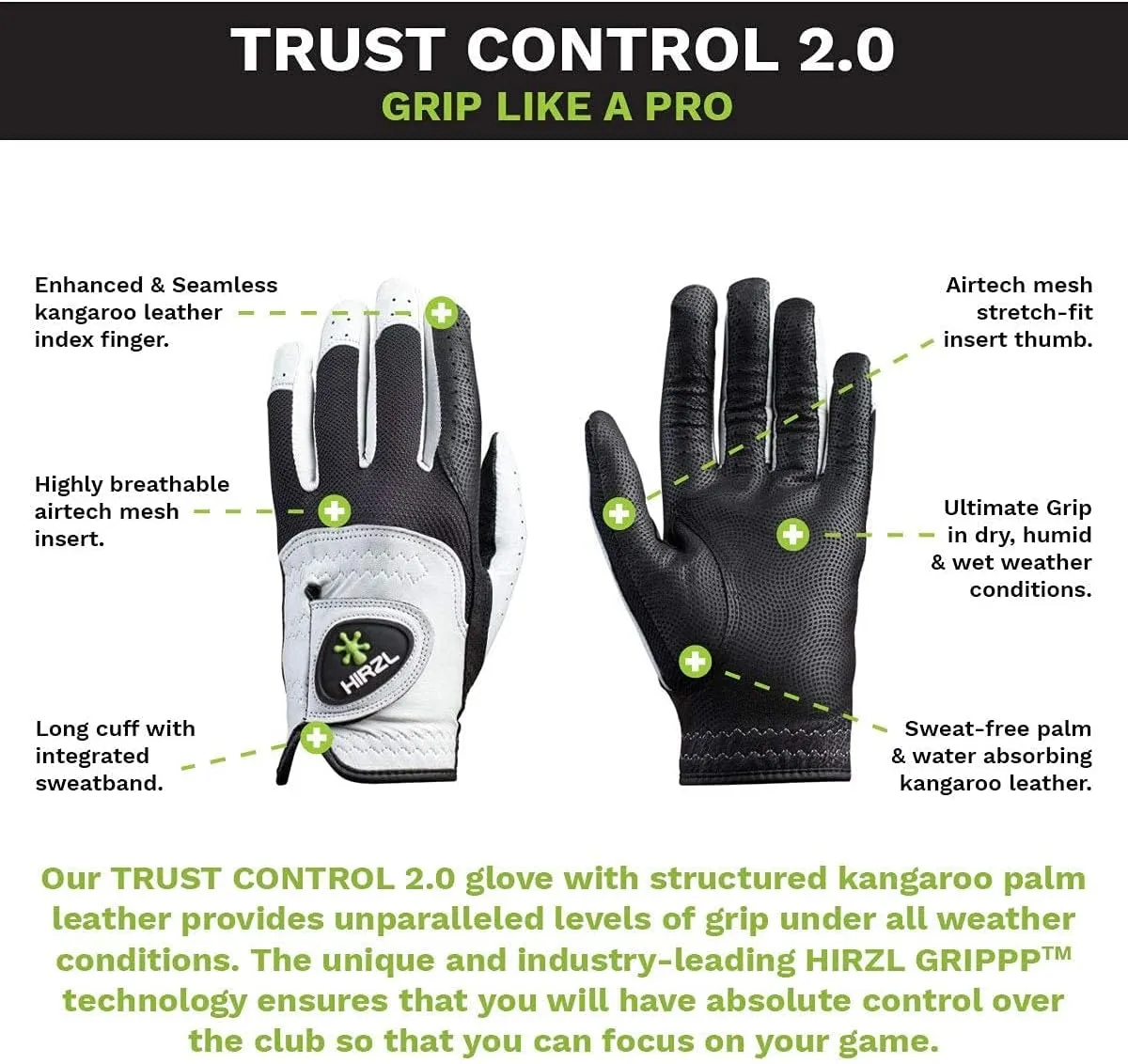HIRZL Trust Control 2.0 Golf Gloves, All Weather Mens Golf Glove, White/Black, Kangaroo Leather Palm, Cabretta Leather Backhand, Trusted by Pro’s, Sweat Free, Ultimate Grip