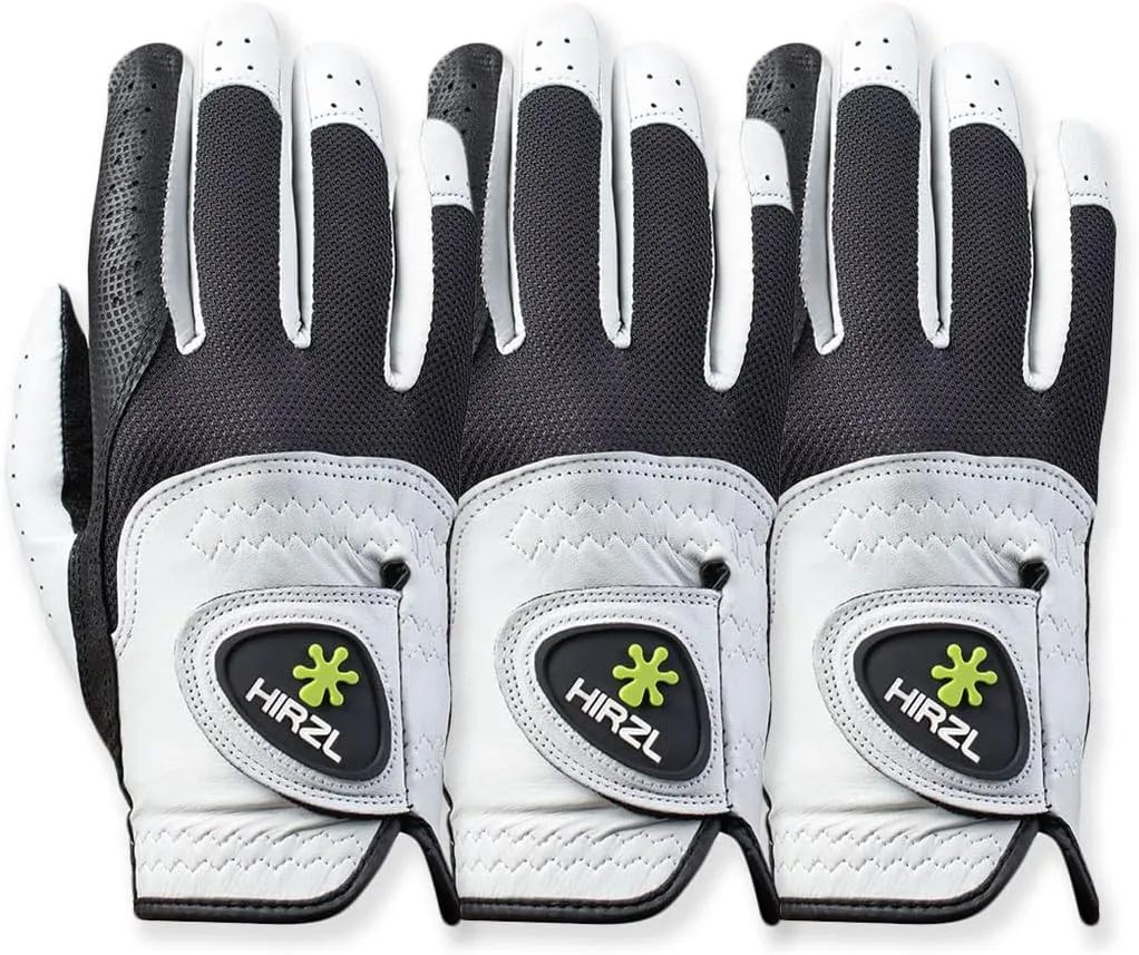 HIRZL Trust Control 2.0 Golf Gloves, All Weather Mens Golf Glove, White/Black, Kangaroo Leather Palm, Cabretta Leather Backhand, Trusted by Pro’s, Sweat Free, Ultimate Grip