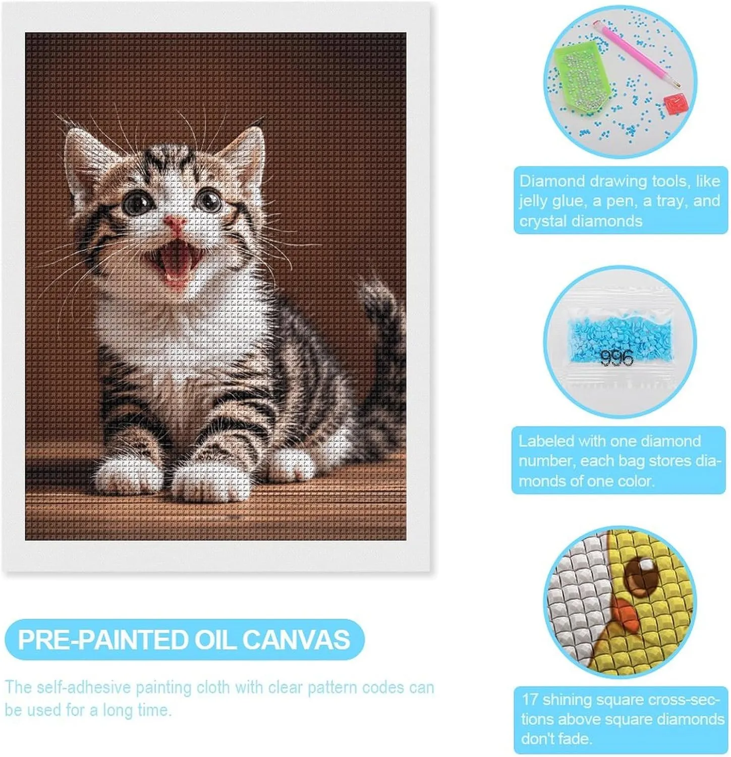 HJUQNGF Diamond Painting Kits for Adults Cute Happy Kitten Diamond Art DIY Canvas Paintings Kits with Square Resin Gems Complete Tools Paint by Numbers Kit for Beginner 12"x16"