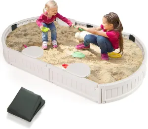 HONEY JOY Sandbox with Cover, 6FT Oval Sand Pit for Backyard, 4 Built-in Seating & Bottom Drainage Liner, All Weather Resistant Sand Boxes for Kids Outdoor with Lid (White)