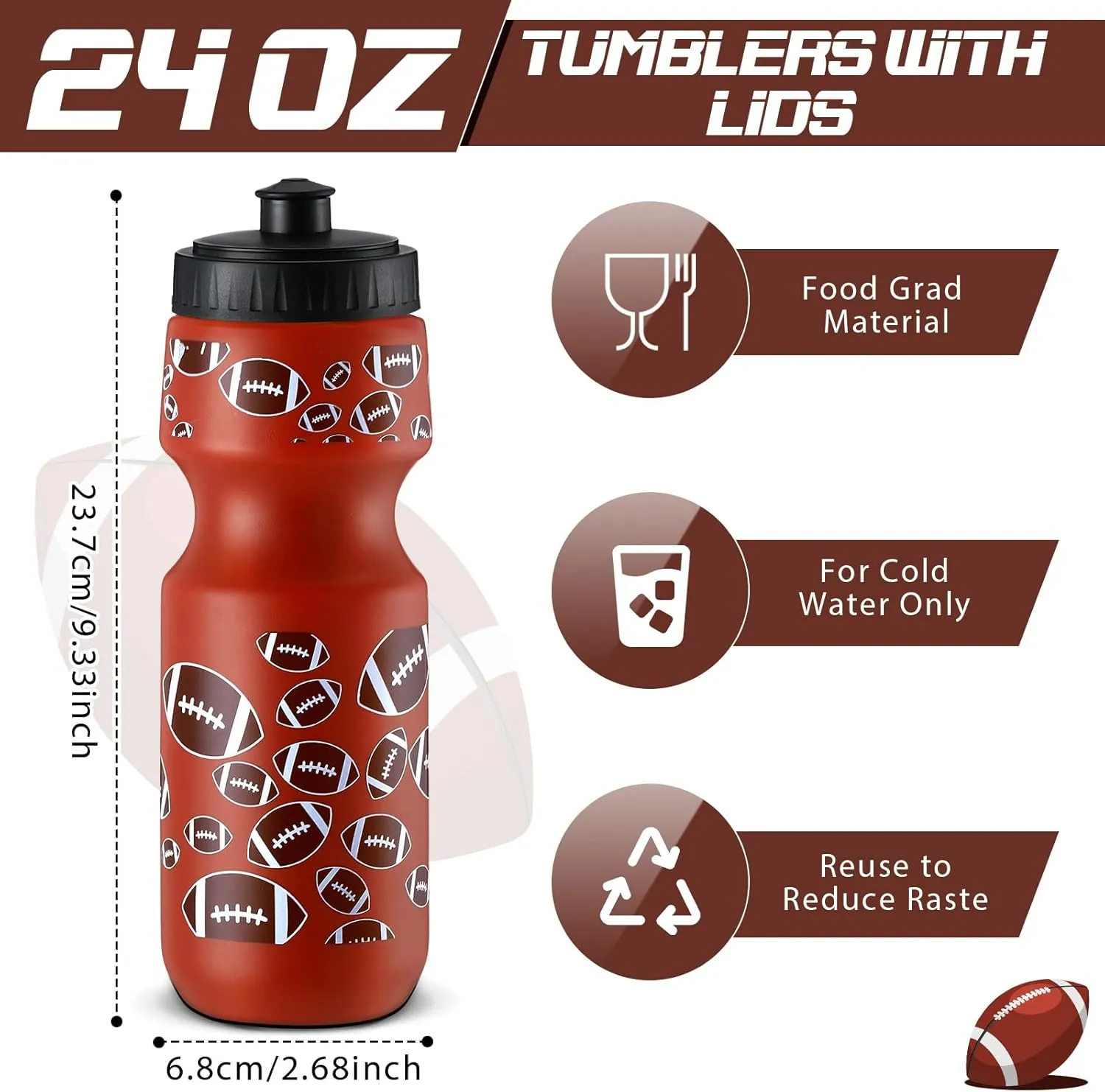 Hosuly 24 Pcs 24 oz Football Water Bottle Bulk and Drawstring Bag Set 12 Reusable Plastic Biking Water Bottle Tumbler 12 Sport Gym Goodie Gift Bag for Party Favor (Brown)