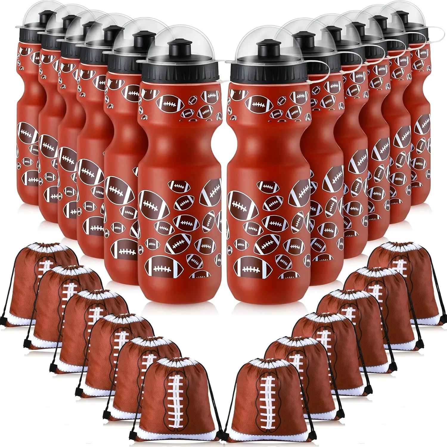 Hosuly 24 Pcs 24 oz Football Water Bottle Bulk and Drawstring Bag Set 12 Reusable Plastic Biking Water Bottle Tumbler 12 Sport Gym Goodie Gift Bag for Party Favor (Brown)