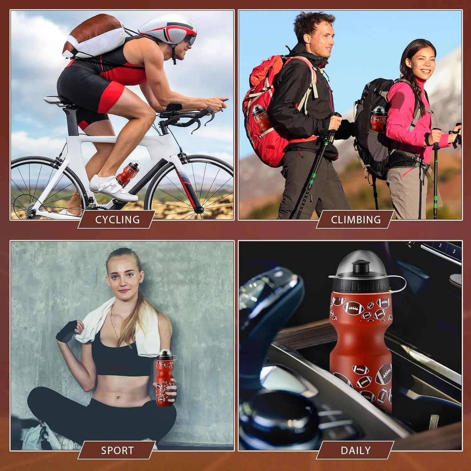 Hosuly 24 Pcs 24 oz Football Water Bottle Bulk and Drawstring Bag Set 12 Reusable Plastic Biking Water Bottle Tumbler 12 Sport Gym Goodie Gift Bag for Party Favor (Brown)